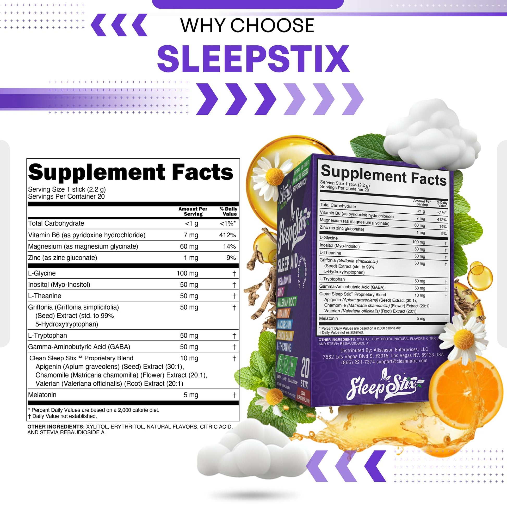 Sleep Aid Melatonin Powder Tryptophan Glycine Valerian Root Magnesium For Sleep Lemon Balm L Theanine Magnesium Glycinate Zinc Sleep Aid Myo Inositol GABACalm B6 5 HTP Stress Relief 20 Stix Clean Nutraceuticals uk supplements