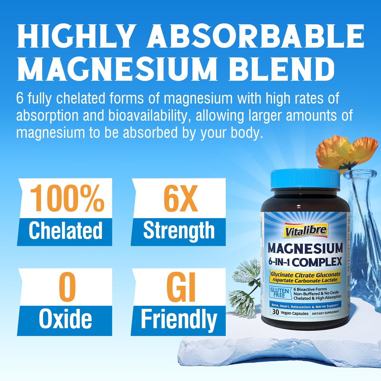 Vitalibre 6 in 1 Magnesium Complex for Women Men, 260mg Elemental Magnesium | Max Absorption | Chelated Magnesium Supplement for Bone, Relaxation & Nerves Support | Non-GMO, 120 Vegan Capsules Vitalibre uk supplements