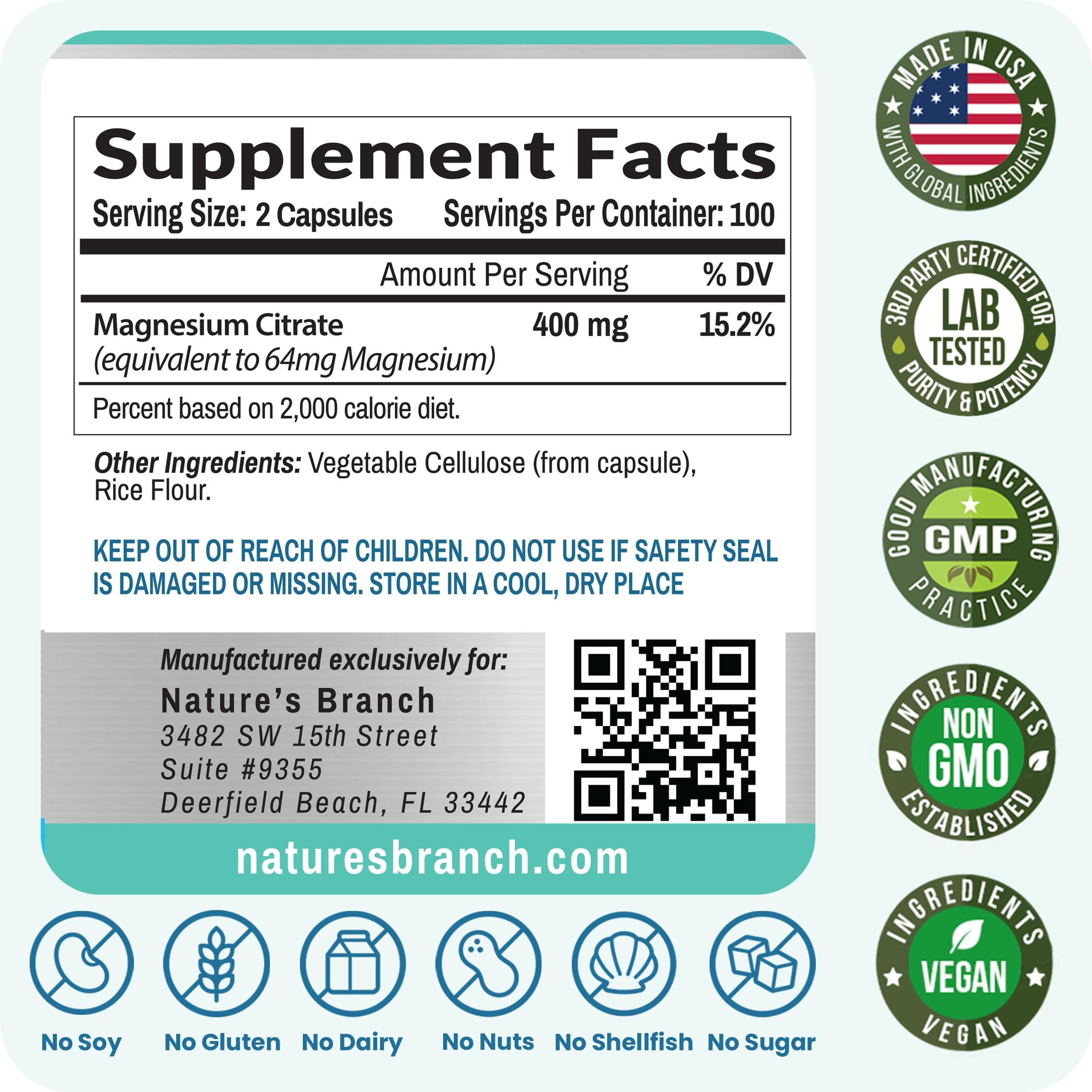 Magnesium Citrate 400mg | 200 Capsules, High Absorption for Sleep, Relax, Leg Cramps, Energy, Extra Strength Easy to Swallow Small Pills for Women & Men, Vegan Supplement for Digestion, Not Tablets NATURE'S BRANCH uk supplements
