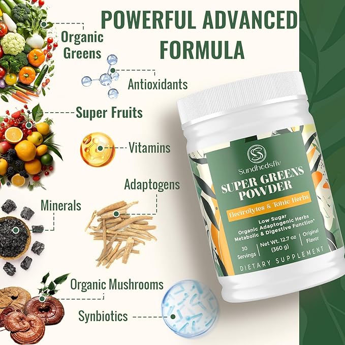Super Greens Powder Superfood + Electrolytes & Tonic Herbs | Organic Greens, Shilajit, Adaptogens, Antioxidants, Preobiotic & Probiotic & Postbiotic| for Energy, Gut & Immune| Unflavored - 30 Servings Sundhedsliv uk supplements