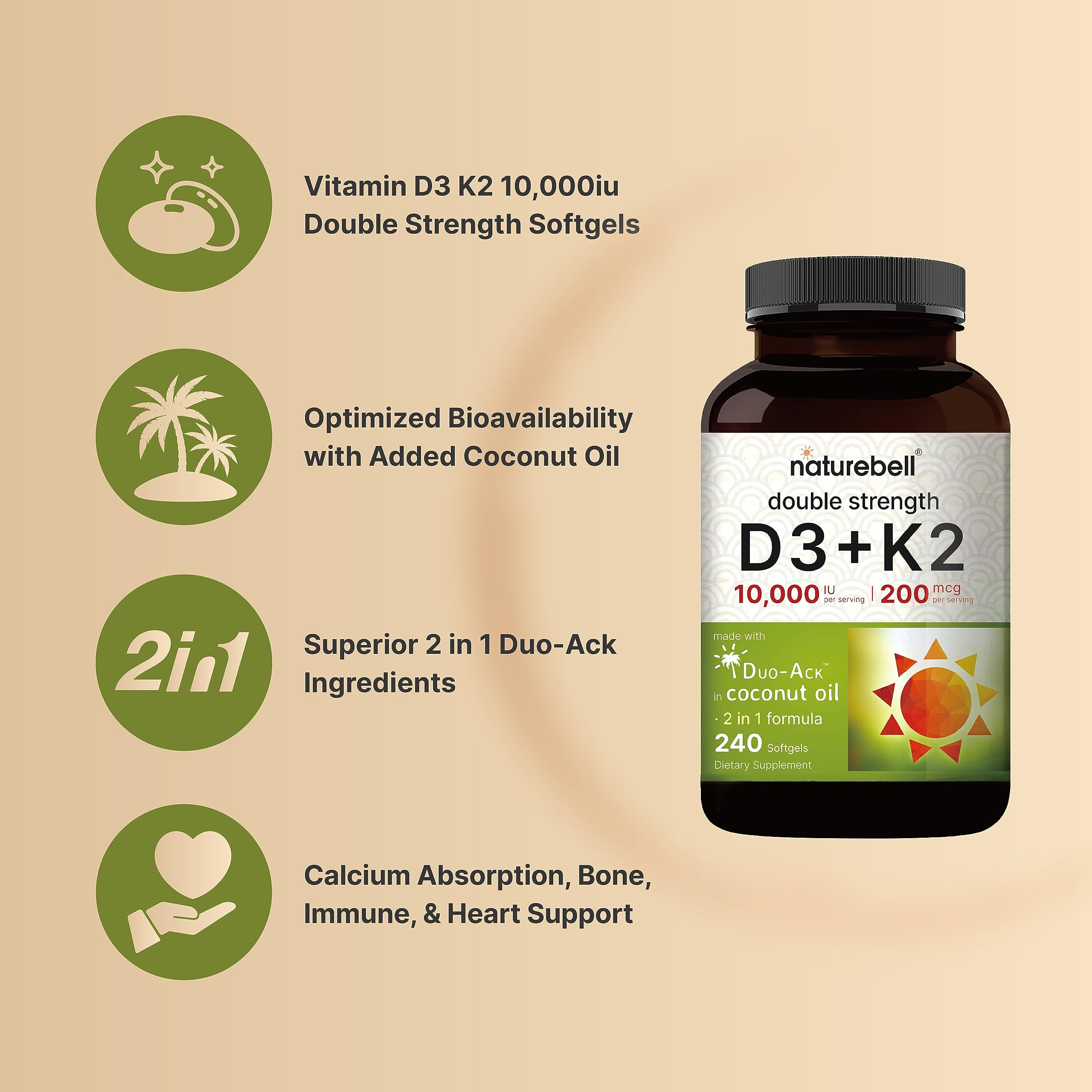 NatureBell Vitamin D3 K2 (10,000 IU Vitamin D + 200mcg Vitamin K MK-7) 240 Softgels NatureBell uk supplements