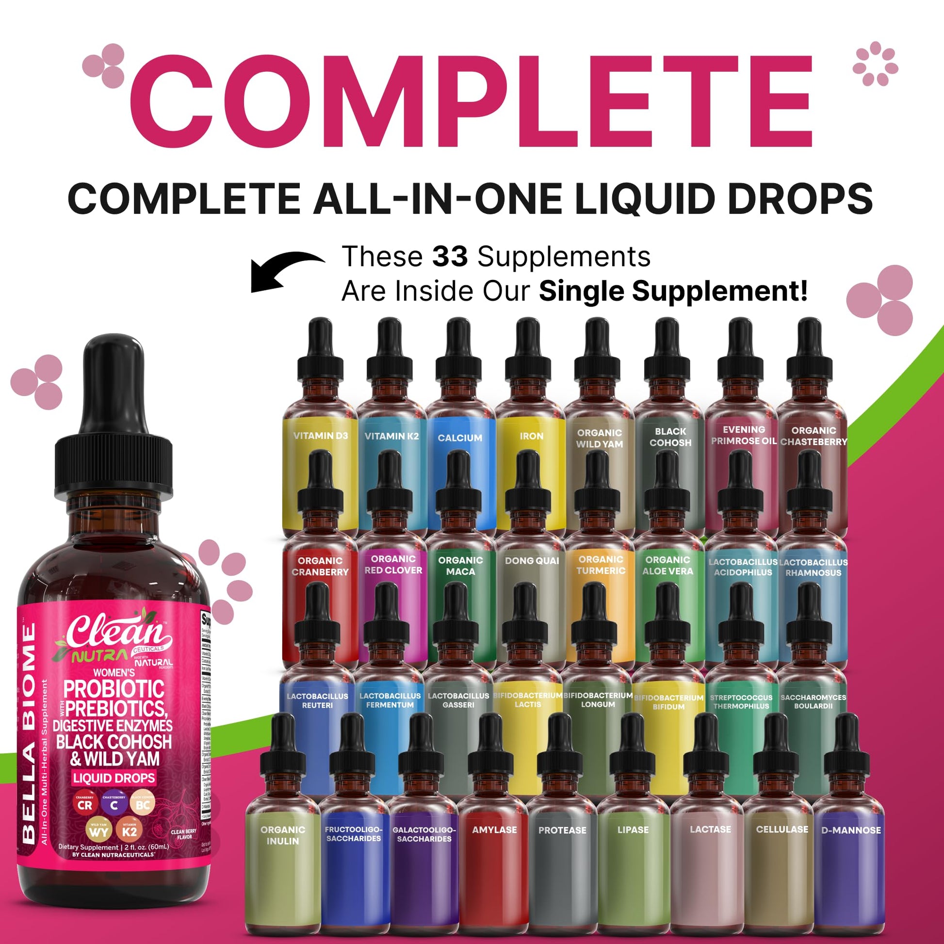 Liquid Probiotics for Women Drops with Chasteberry, Black Cohosh, Prebiotics, Digestive Enzymes, Evening Primrose Oil, Wild Yam, Cranberry Dmannose and Iron Vitamin D3 K2 Clean Nutra Bella Biotics Clean Nutraceuticals uk supplements