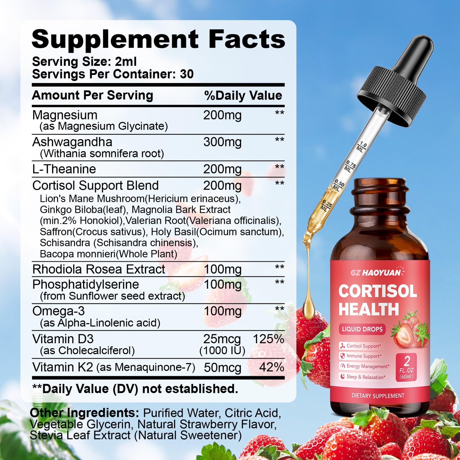 GZ HAOYUAN Cortisol Supplement Liquid Drops for Women and Men with Magnesium, Ashwagandha, L-theanine, Phosphatidylserine for Lower Cortisol, Calm, Mood, Sleep Support - 2 FL.OZ, Strawberry GZ HAOYUAN uk supplements