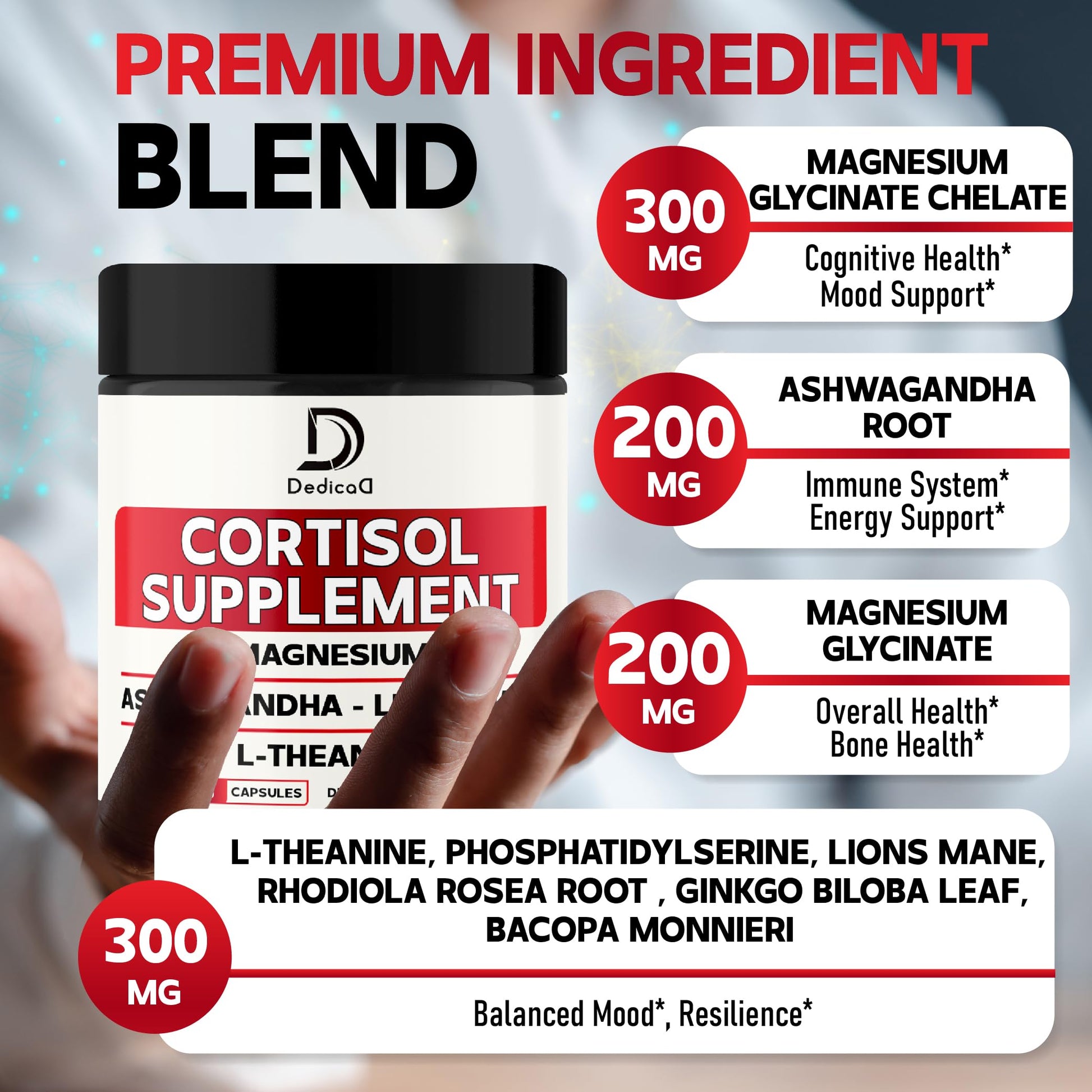 DEDICAD 9in1 Cortisol Supplement - Ashwagandha and Magnesium Glycinate and Chelate - Brain Health & Restful Night & Mood Balance - 90 Capsules Supply 45 Days DEDICAD uk supplements