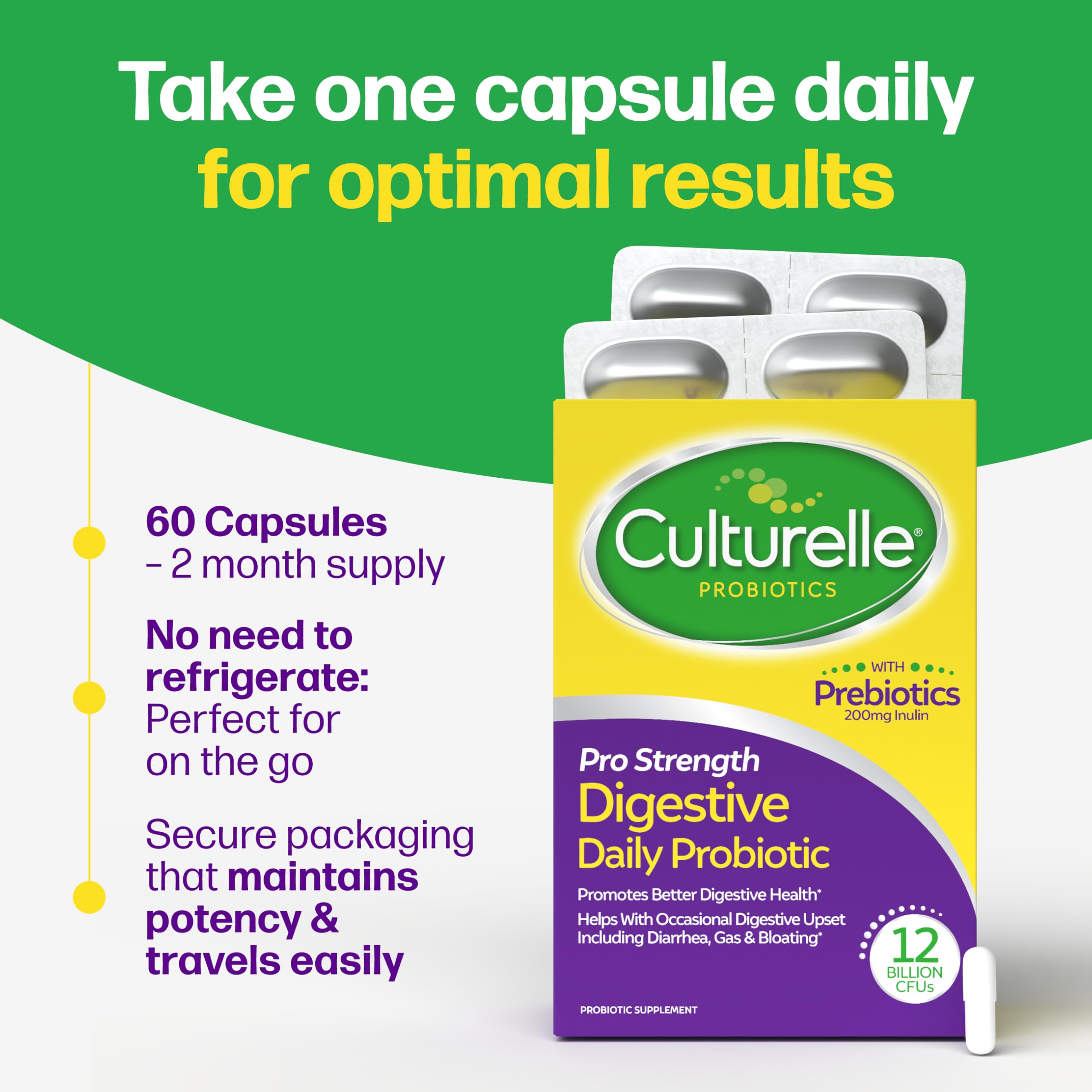 Culturelle Pro Strength Daily Probiotics For Digestive Health (2 Month Supply) with Prebiotics for Women & Men, Supports Occasional Diarrhea, Gas & Bloating, Gluten & Soy Free, 60 Count Culturelle uk supplements