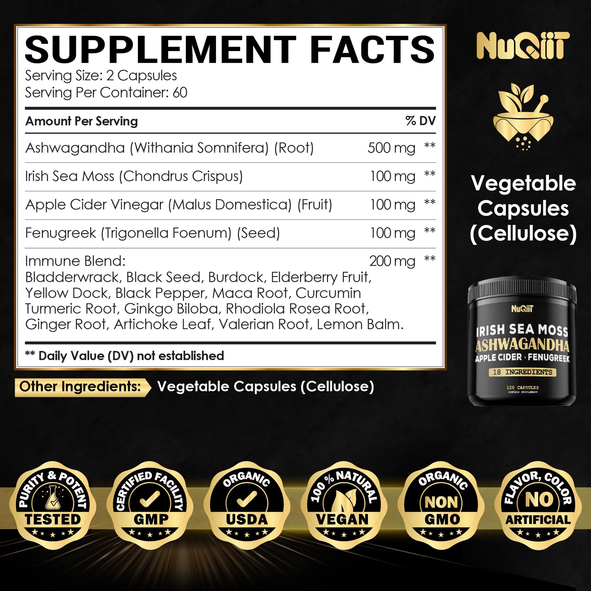 NUQIIT Organic Ashwangdha Capsules 15000mg Irish Sea Moss Apple Cider Vinegar & More - Support Brain Health, Strength & Immune System - 120 Vegan Capsules NUQIIT uk supplements