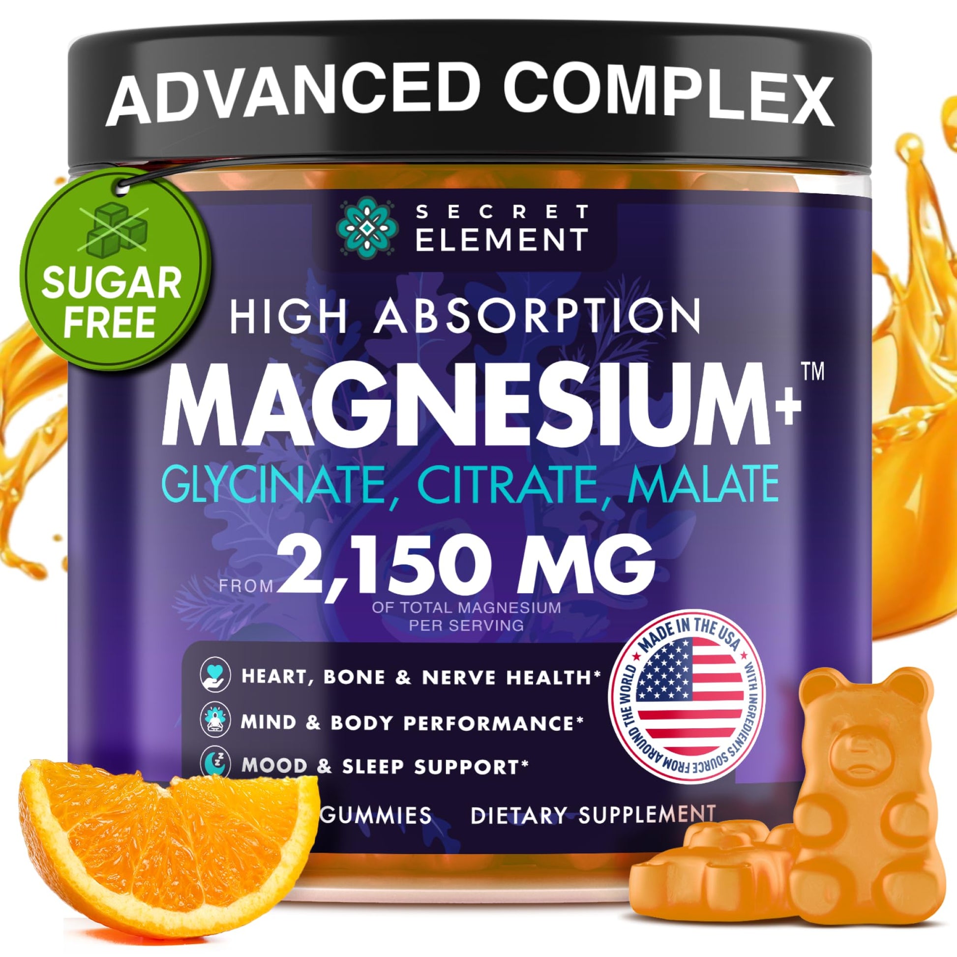 Magnesium Glycinate 2150MG Gummies for Women and Men, High Absorption Magnesium Glycinate, Citrate, Malate Gummies for Adults & Kids, Sleep Support, Sugar Free, Vegan, 60 Chews, Orange Secret Element uk supplements