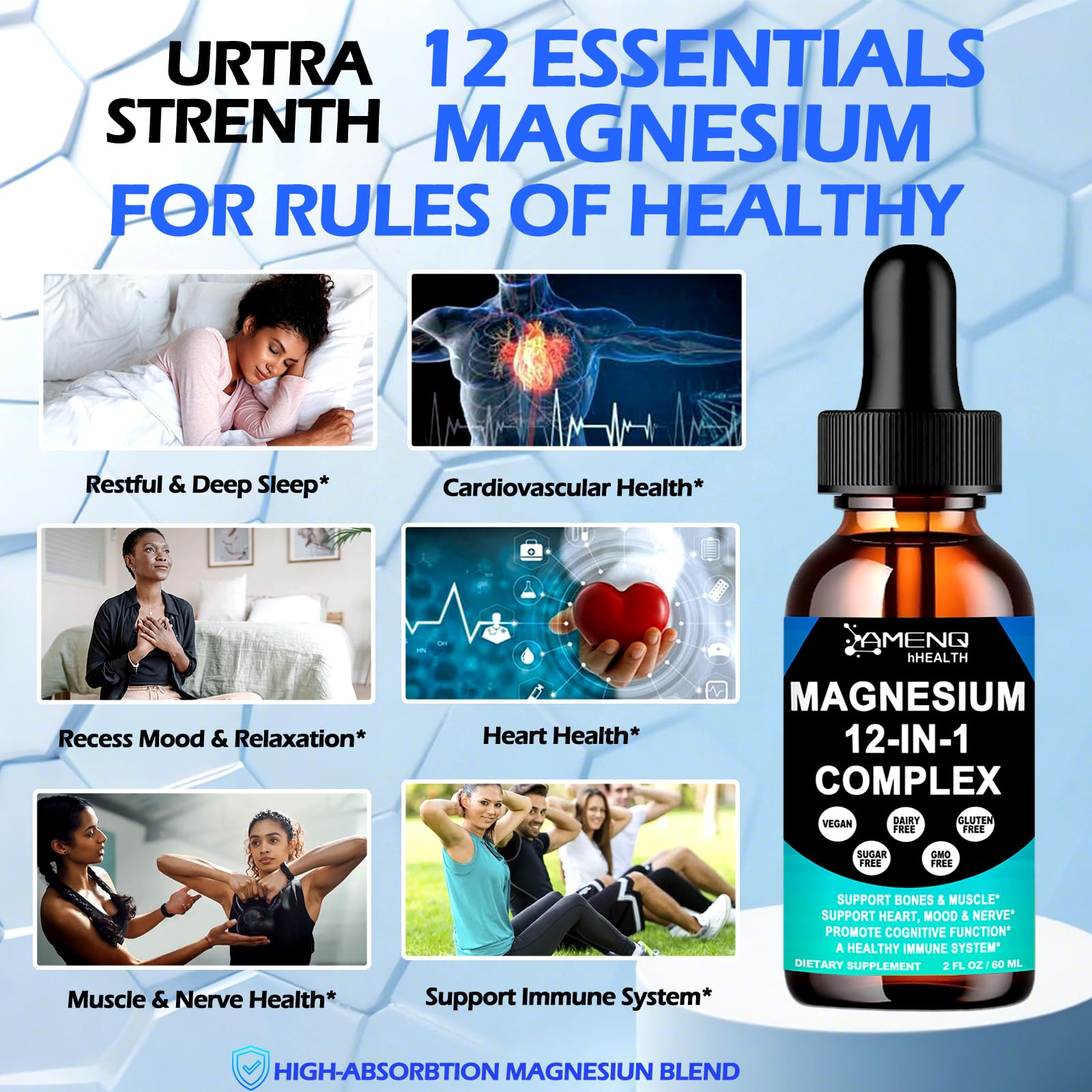 Magnesium 12 in 1 Complex Liquid Drops Magnesium Supplement w. Glycinate Citrate Malate Taurate Oxide Aspartate Orotate, Calm Magnesium for Sleep Muscle Heart Support丨Max Absorption Liquid Formula AMENQ hHEALTH uk supplements