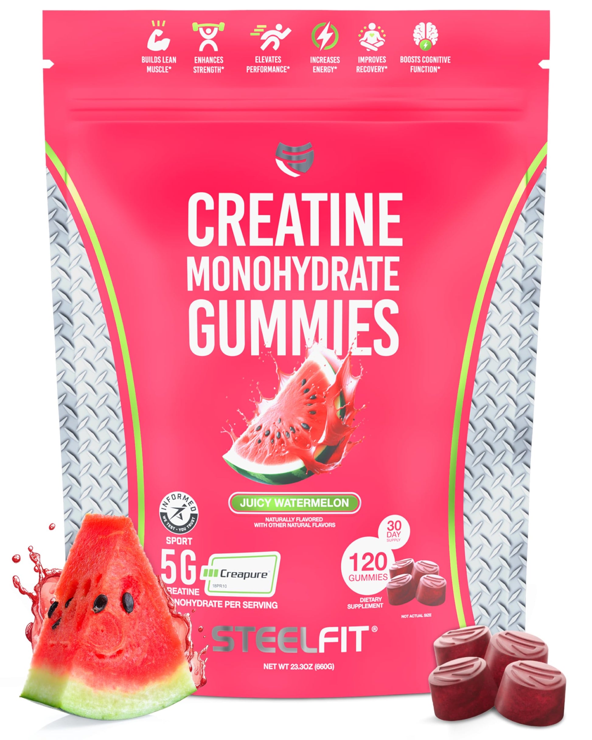 SteelFit Creapure Creatine Monohydrate Gummies for Men & Women, Juicy Watermelon - Gym Workout Nutritional Supplements for Muscle Gain, Brain Health & Strength Building Dietary Supplement, 120 Gummies SteelFit uk supplements