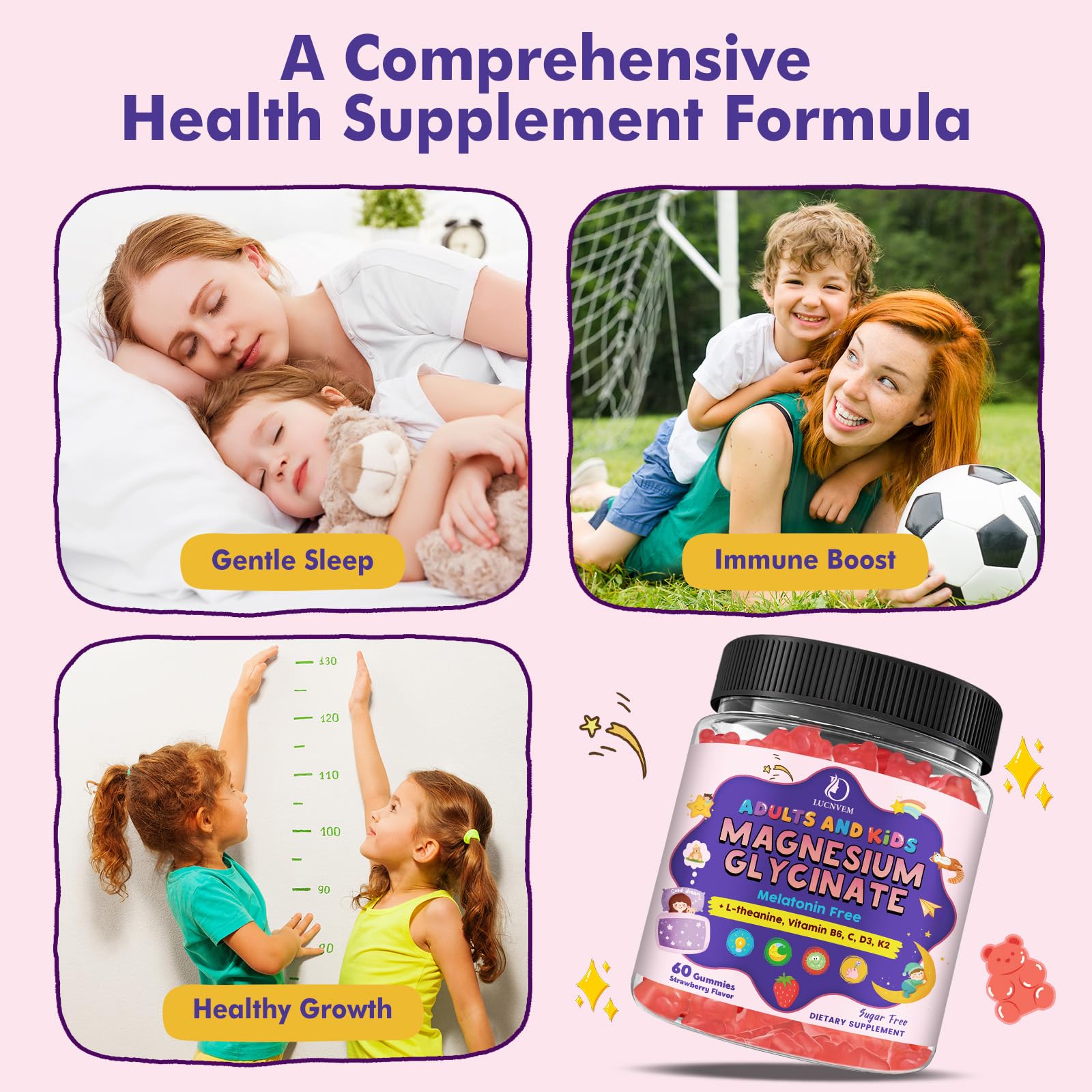 Magnesium Glycinate Gummies for Kids 4+ & Adults- Magnesium Glycinate 150/300 mg for Natural Sleep, Relaxation & Calm Support, Melatonin Free, Sugar Free Strawberry Flavor, 60 Ct LUCNVEM uk supplements