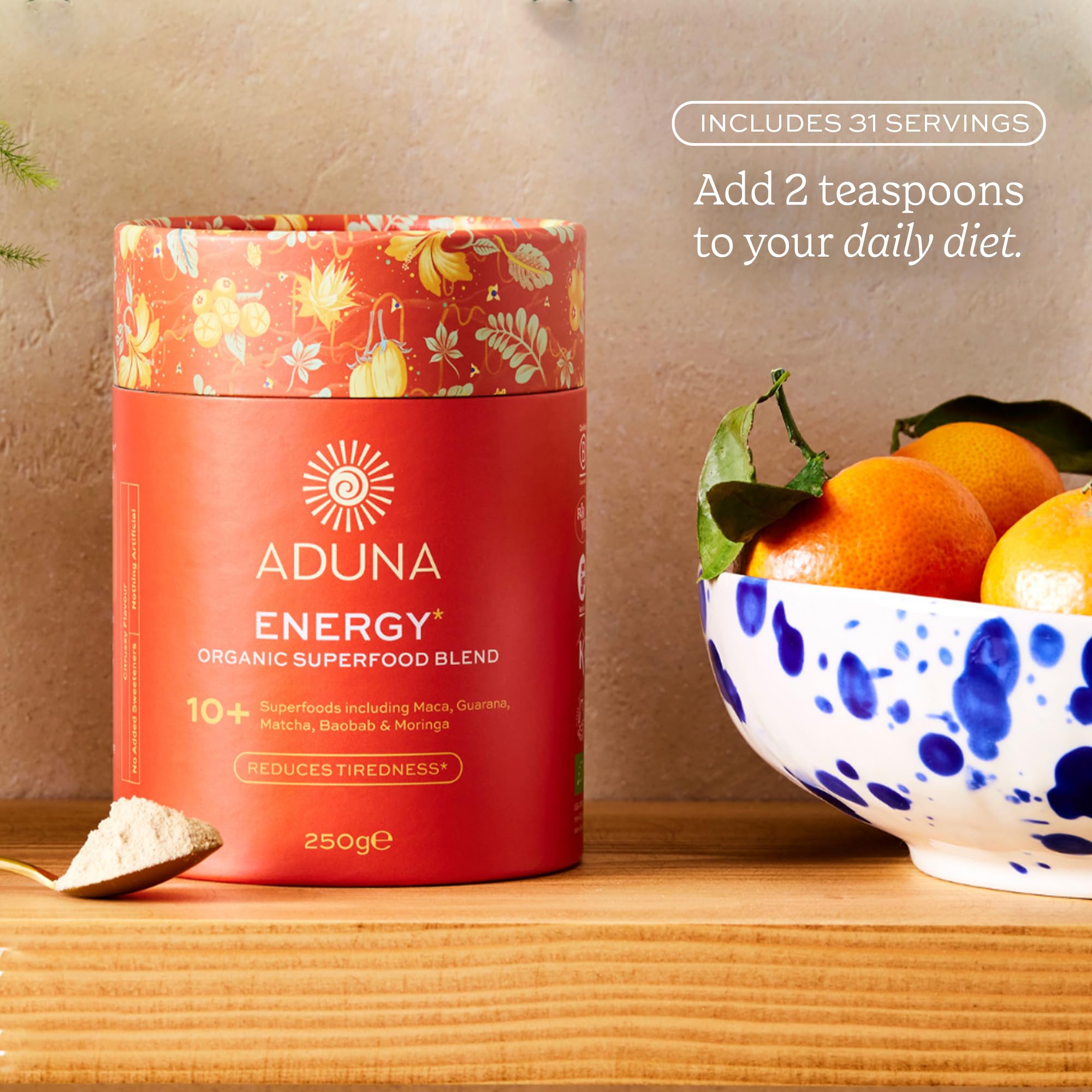 Aduna Organic Energy Superfood Blend | 100% Natural Stir-in Blend With 10+ Superfoods for Natural Energy, Focus & Reduced Tiredness | Vegan Powder for Yogurt, Juices, & Smoothies | 250g Aduna uk supplements