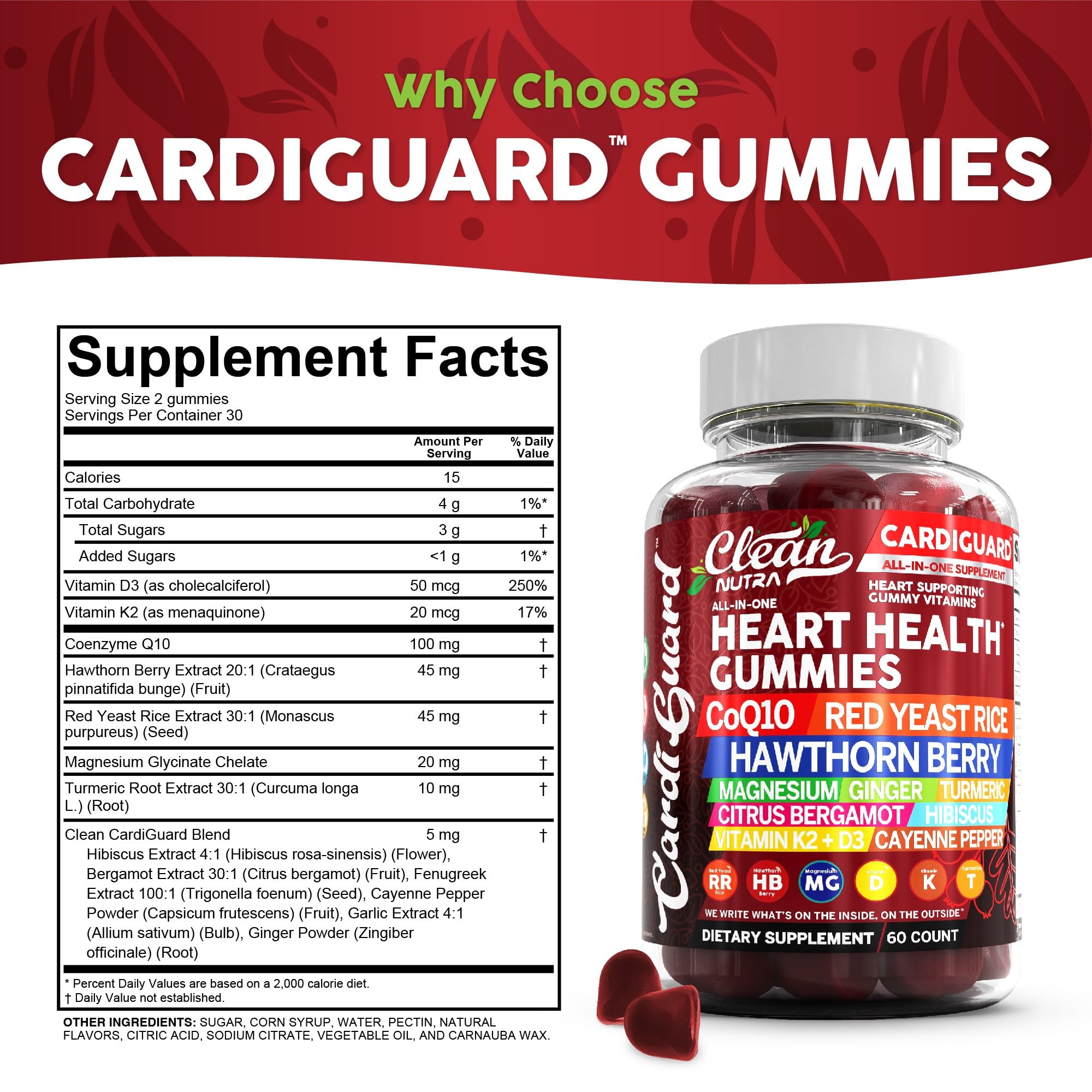 Clean Nutraceuticals Coq10 Gummies | Red Yeast Rice Hawthorn Berry Ginger Turmeric Citrus Bergamot Hibiscus Vitamin K2+D3 Magnesium Glycinate Cayenne Pepper Fenugreek Orange Flavor CardiGuard Clean Nutraceuticals uk supplements