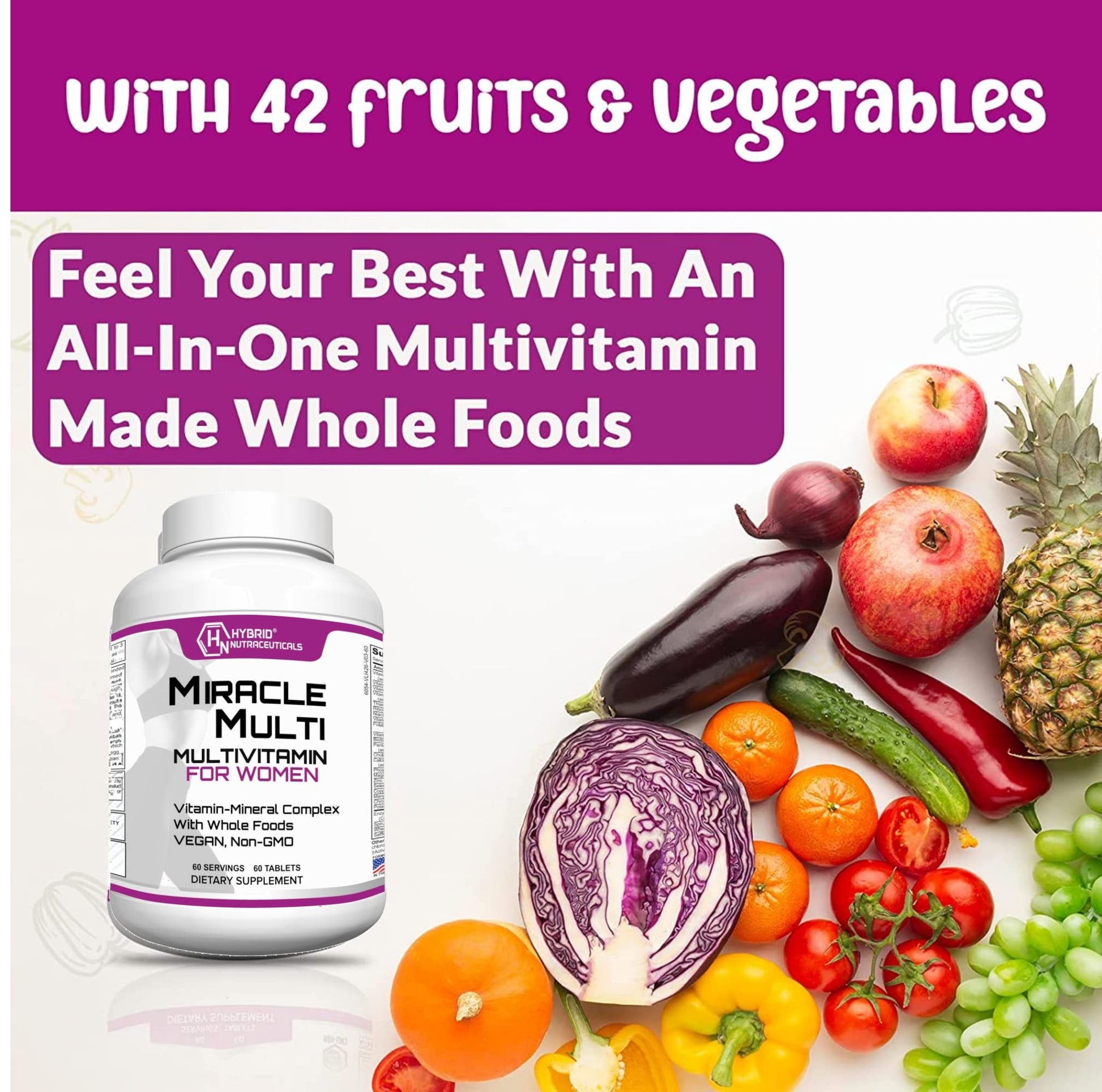 Hybrid Nutraceuticals MiracleMulti Women Multivitamin with Probiotics, Biotin, Folic Acid, Enzymes + Fruit & Vegetable Blend - Immune Support, Heart Health, Energy: 60 Servings (Non-GMO) Hybrid Nutraceuticals uk supplements