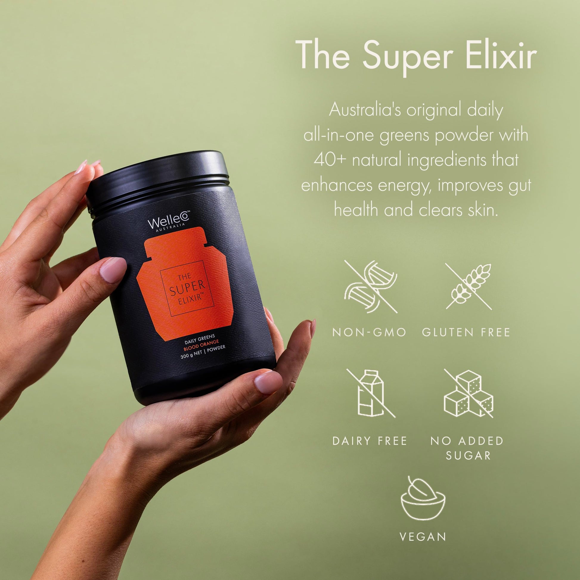WelleCo The Super Elixir Daily Greens Powder, Probiotic Drink Mix with Whole Foods, Gluten Free, Vegan Gut Health Powder, Energy, Immunity, Healthy Skin, Hair & Nails (Jar, Blood Orange) WelleCo uk supplements