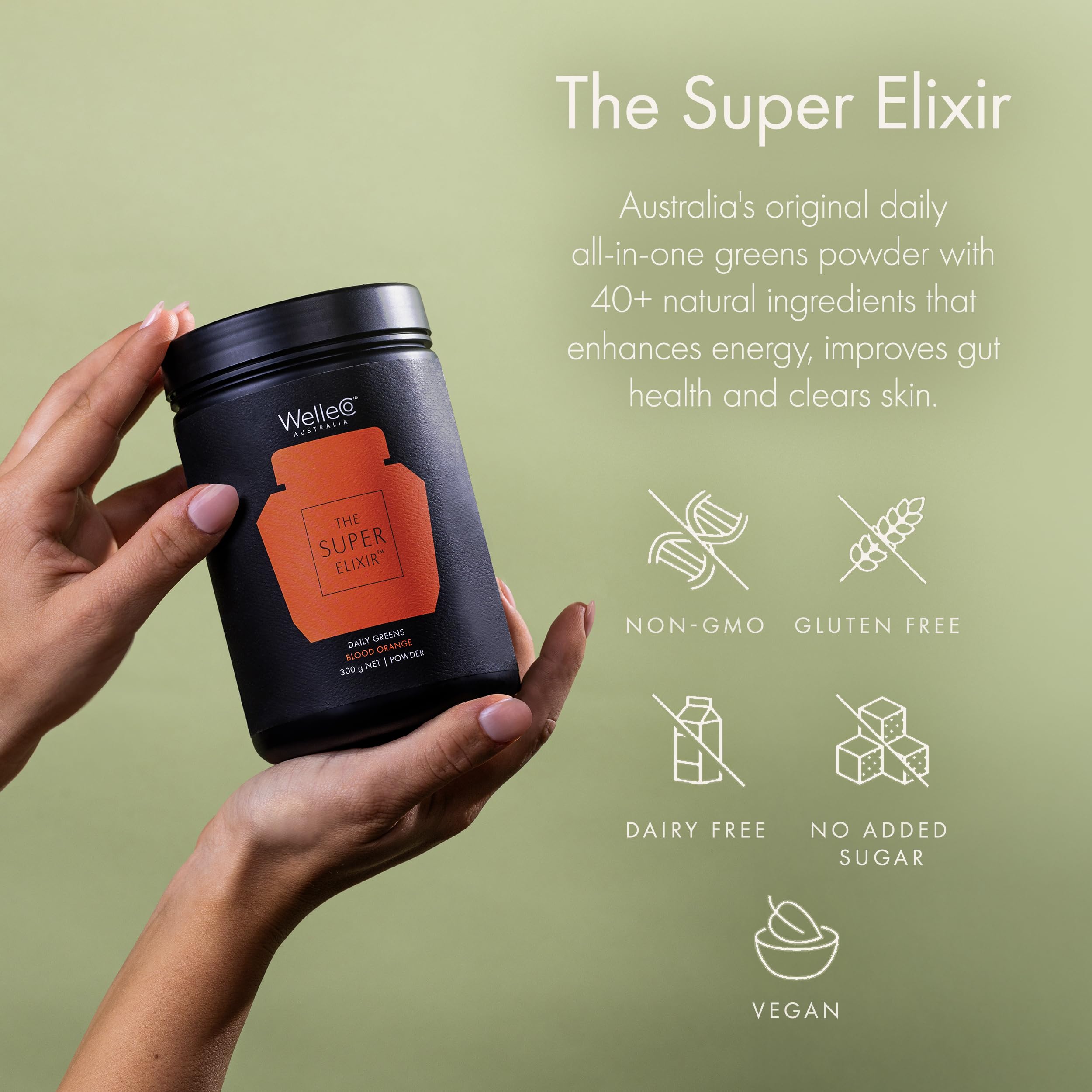 WelleCo The Super Elixir Daily Greens Powder, Probiotic Drink Mix with Whole Foods, Gluten Free, Vegan Gut Health Powder, Energy, Immunity, Healthy Skin, Hair & Nails (Jar, Blood Orange) WelleCo uk supplements