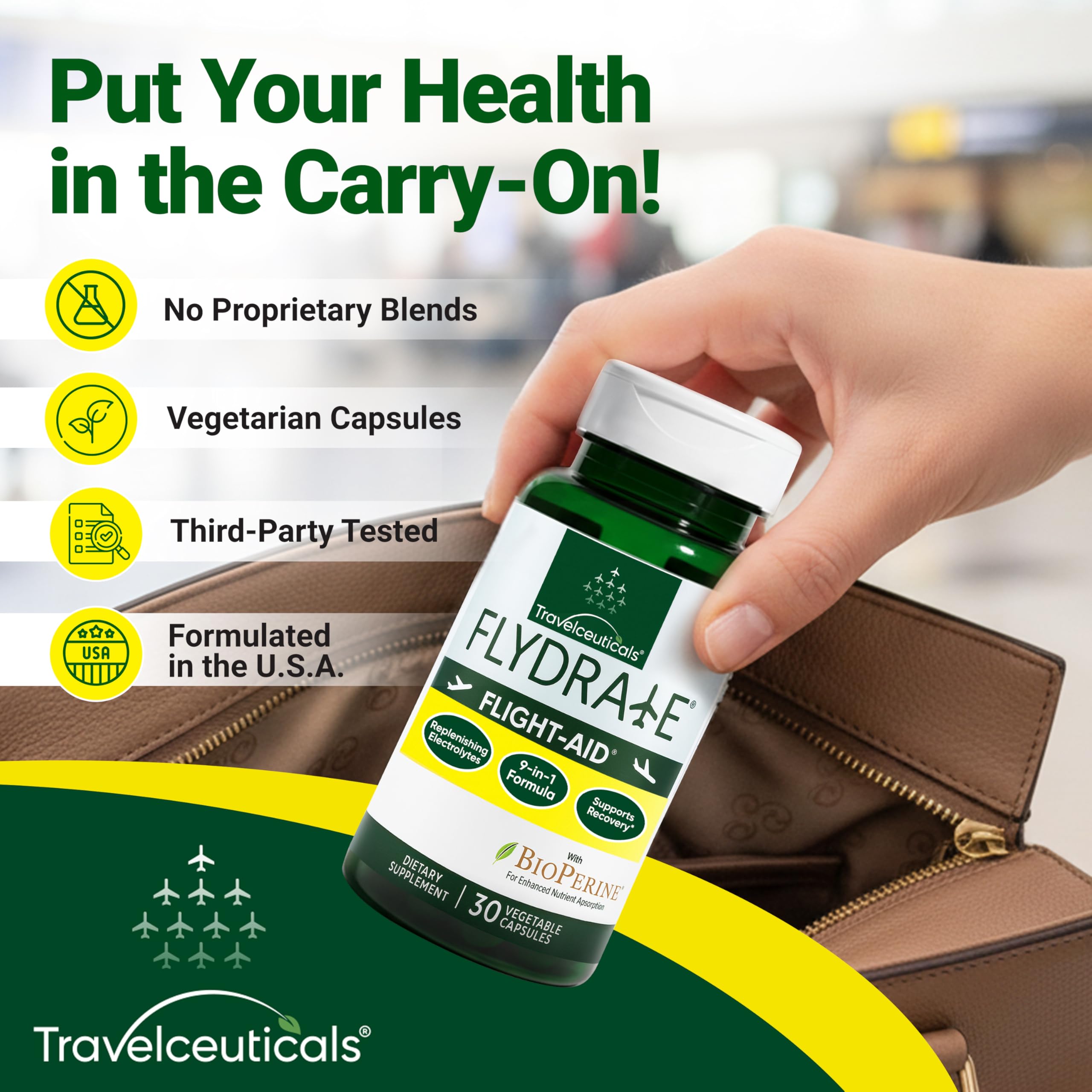 Flight-Aid | Replenishing Electrolyte Hydration Capsules Made for Travel, Jet Lag, Fatigue & Recovery | 9-in-1 Formula with Essential Electrolytes, Vitamins, Minerals & Bioperine® | 30 Capsules Flydrate uk supplements