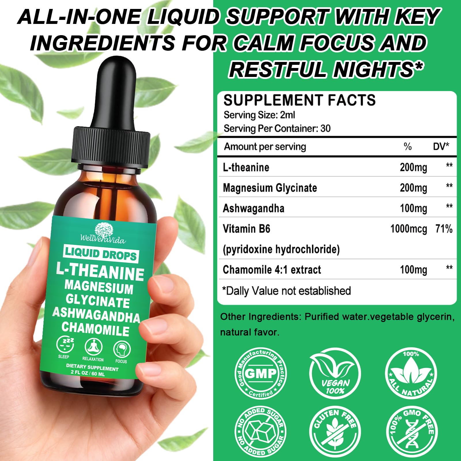 L theanine Liquid Drops, Theanine Supplement With Magnesium Glycinate & Ashwagandha for Sleep, Relaxation & Focus Support, High Absorption Liquid L Theanine 200mg for Adults & Kids丨Vegan, Non-GMO, 2oz WellVeraVida uk supplements