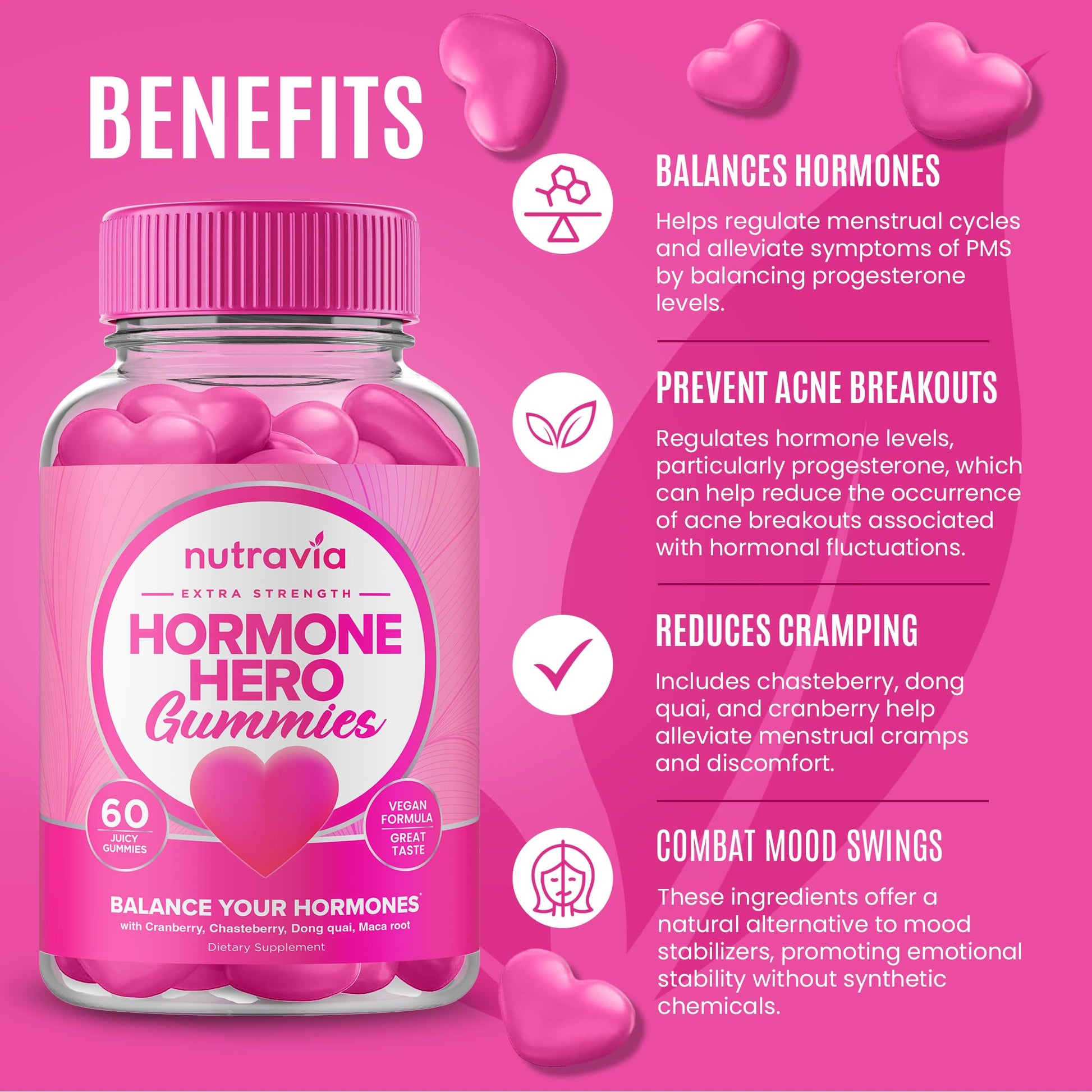 Hormone Balance For Women Gummies + PMS Relief Supplement - Supports Mood Swings, Clear Skin, Reduced Cramps and Bloating - Hormonal PMS Gummies PCOS Vitamin with Cranberry, Dong Quai (60 Gummies) Nutravia uk supplements