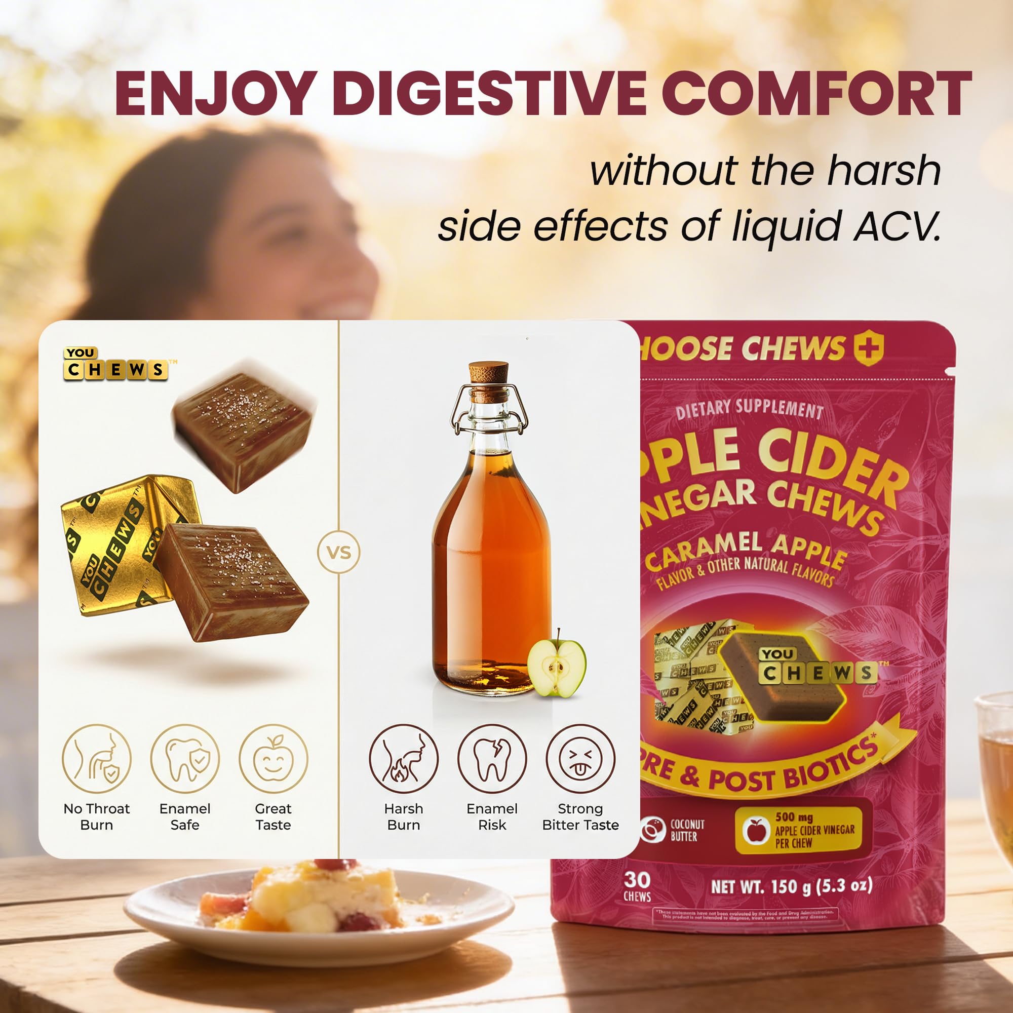 YouChews Apple Cider Vinegar Chews Better Than Apple Cider Gummies - Bloating Relief for Women and Men, 500mg Organic ACV with Prebiotics & Postbiotics, Low Sugar, Caramel Flavor, 30 Count YouChews uk supplements