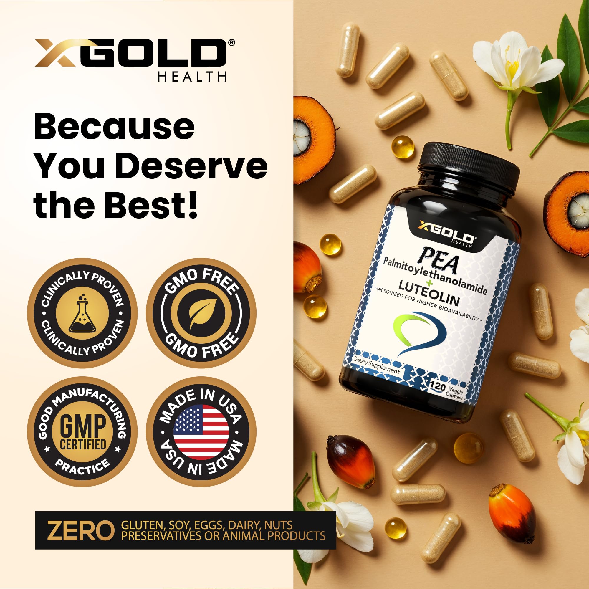 Palmitoylethanolamide 630 mg + Luteolin Standardized 98%- Micronized Pea 99% Highly Purified and Bioavailable - Made in USA - Supplement for Men and Women - 120 Veggie Capsules X Gold Health uk supplements