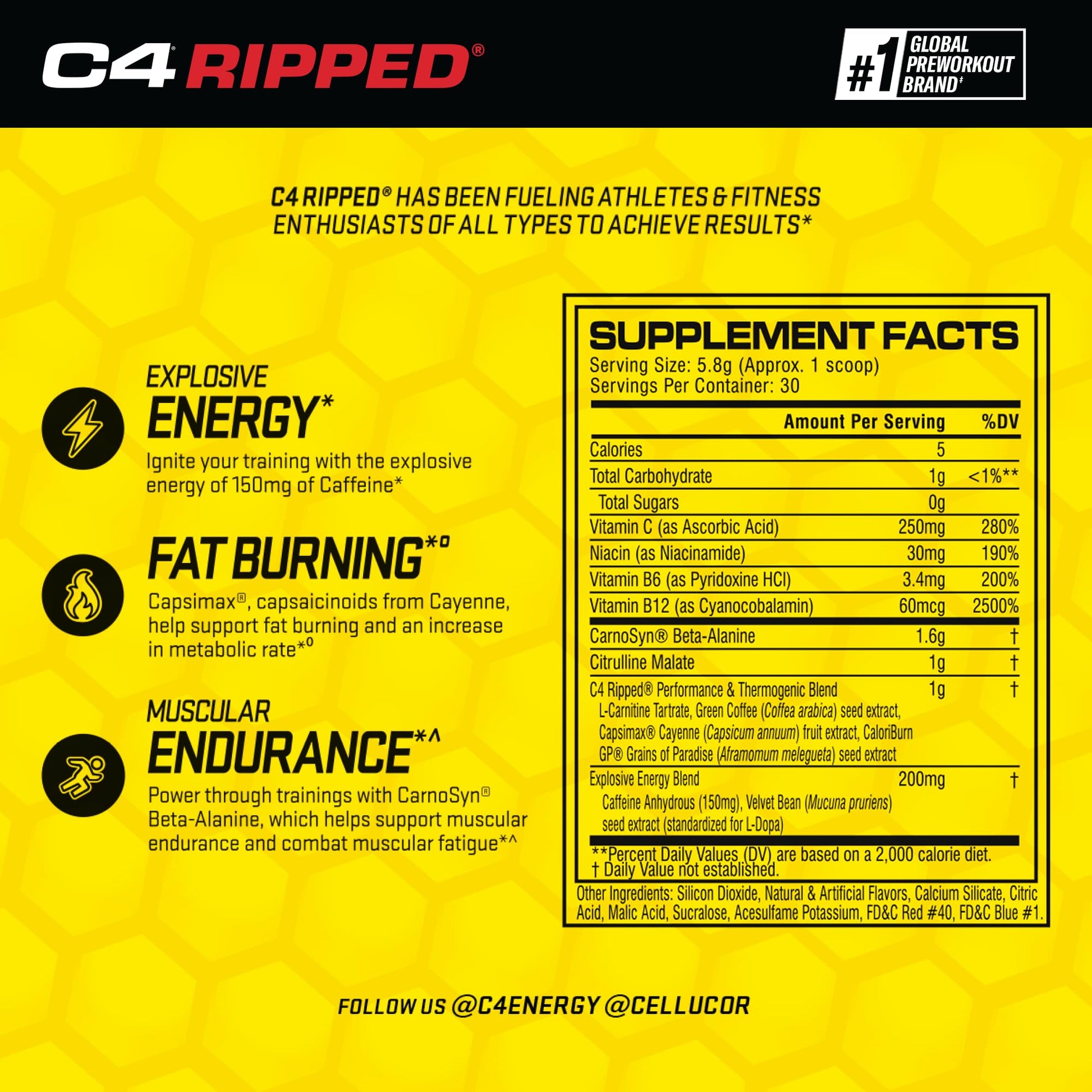 Cellucor C4 Ripped Pre Workout Powder Raspberry Lemonade | Creatine Free + Sugar Free Cellucor uk supplements