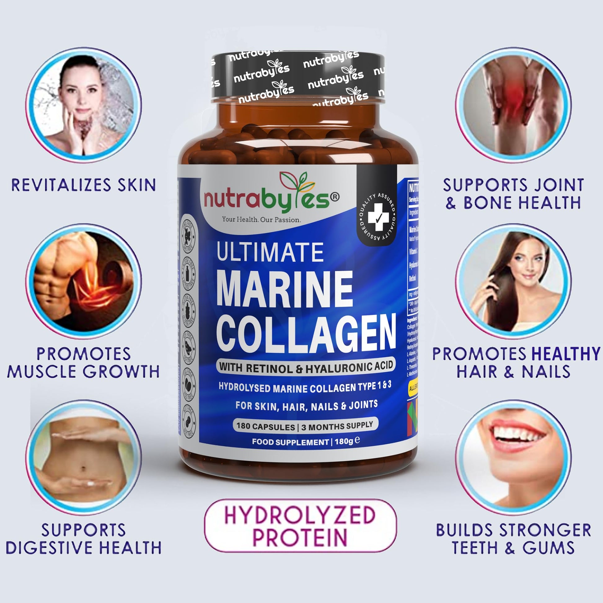 High Strength Marine Collagen with Hyaluronic Acid, Retinol and Vitamin C | 180 Capsules - 3 Months Supply NUTRABYTES uk supplements