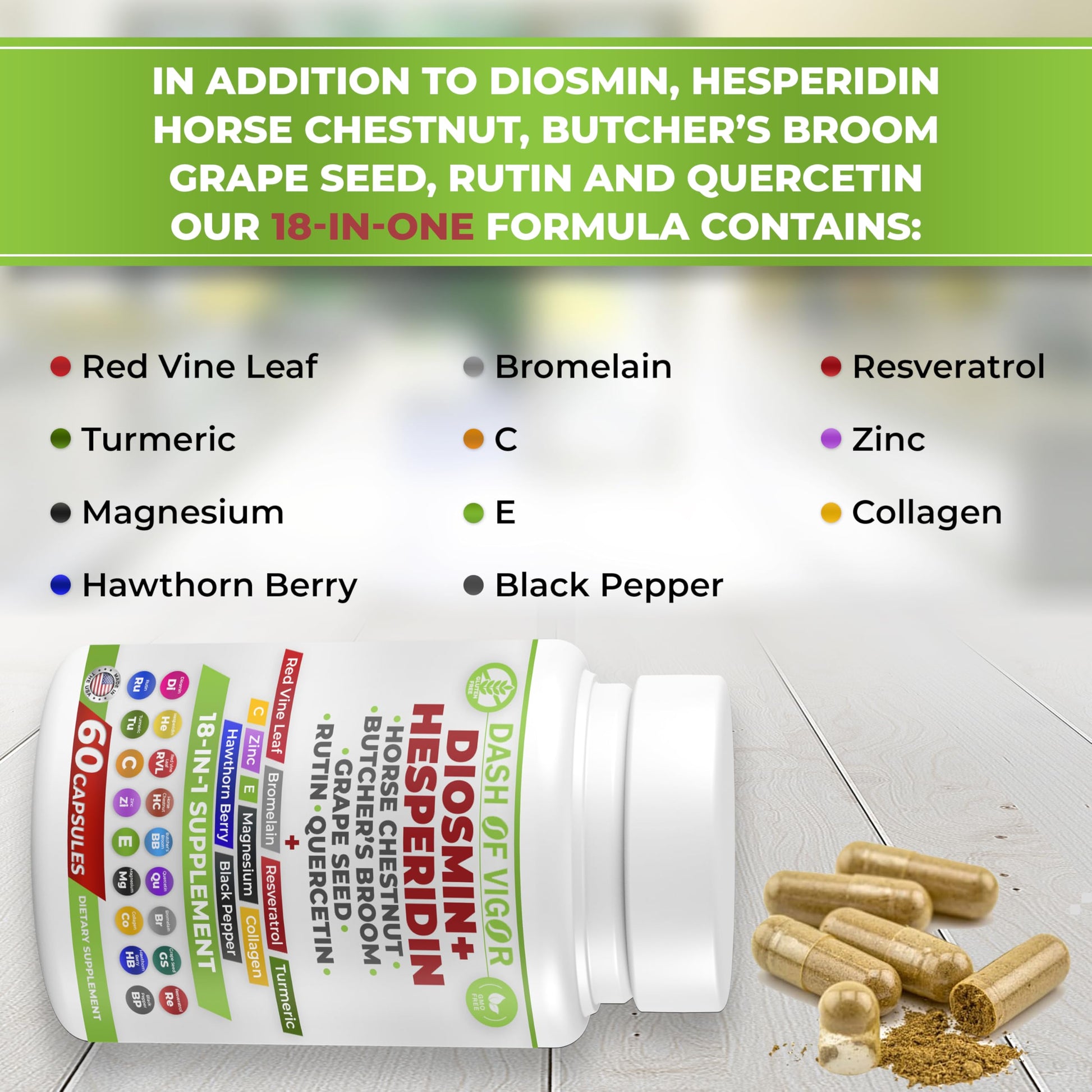 Dash of Vigor 18-in-1 Diosmin Hesperidin Supplement, Quercetin with Bromelain, Zinc, Vitamin C with Rutin Supplement, Horse Chestnut Extract, Butcher's Broom Extract, USA, 60 Capsules DASH OF VIGOR DOFV uk supplements