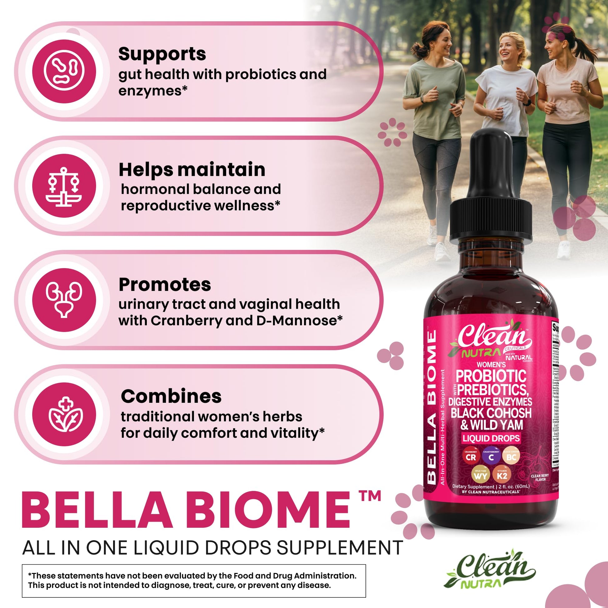 Liquid Probiotics for Women Drops with Chasteberry, Black Cohosh, Prebiotics, Digestive Enzymes, Evening Primrose Oil, Wild Yam, Cranberry Dmannose and Iron Vitamin D3 K2 Clean Nutra Bella Biotics Clean Nutraceuticals uk supplements