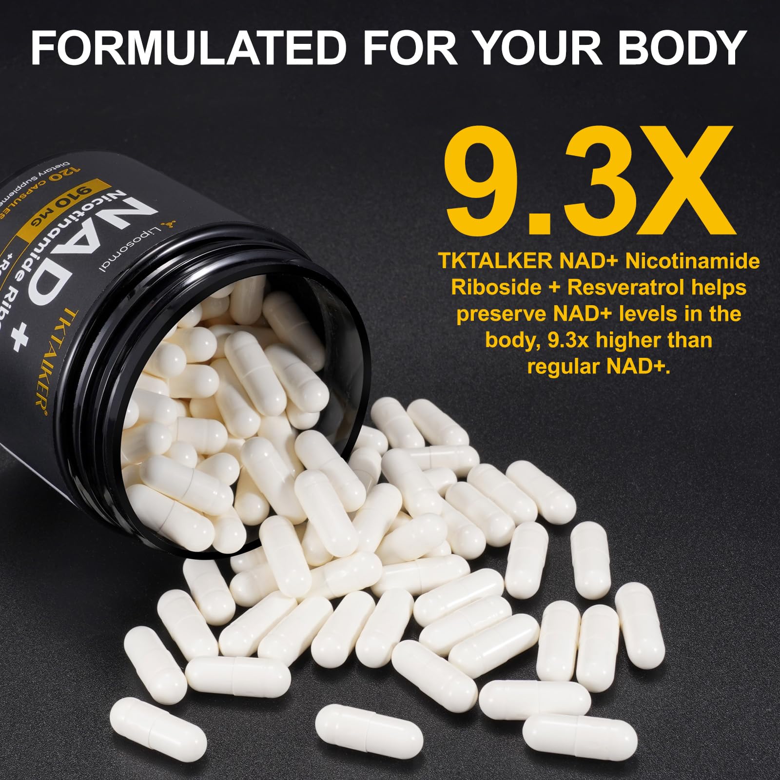 TKTALKER NAD Supplement, 910MG Liposomal Nicotinamide Riboside with Resveratrol & Quercetin, Anti-Aging, Cellular Energy, Mental Focus & Stamina & Healthy, Women & Men, 120 Capsules TKTALKER uk supplements