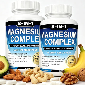 Magnesium Complex Supplement 8 Elemental 1000mg with Glycinate,Citrate for Muscle, Recovery, Stress, Energy, Bone Health, Vegan Non-GMO 180 Capsules, Magnesium Supplement for Women, Men, 2 Bottle caicieter uk supplements