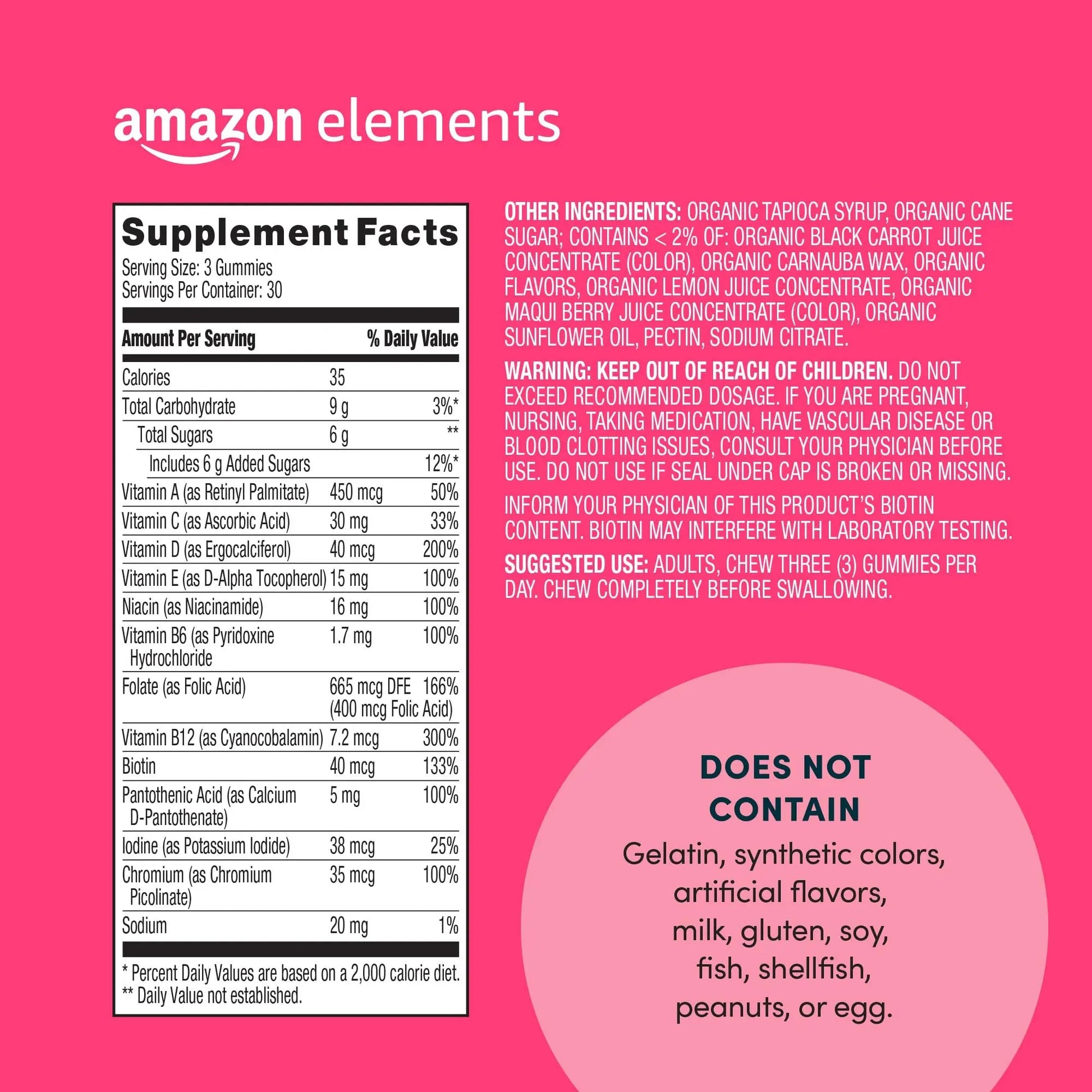Amazon Elements - Adult Women’s Organic Multivitamins, 90 Gummies (30 servings), Vegetarian Amazon Elements uk supplements