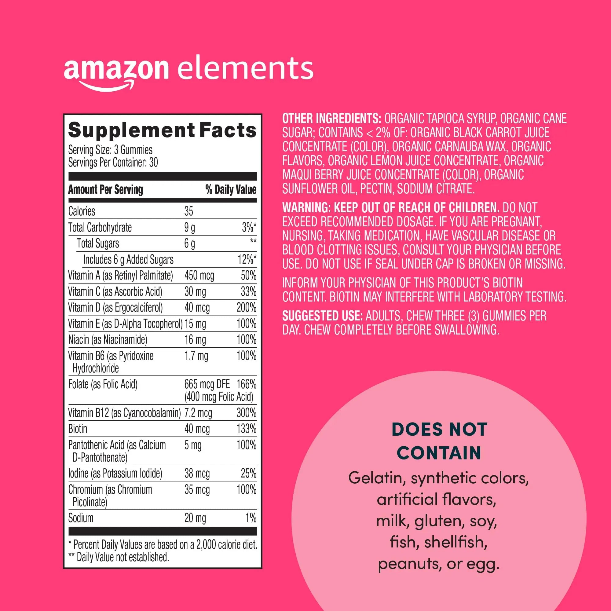 Amazon Elements - Adult Women’s Organic Multivitamins, 90 Gummies (30 servings), Vegetarian Amazon Elements uk supplements