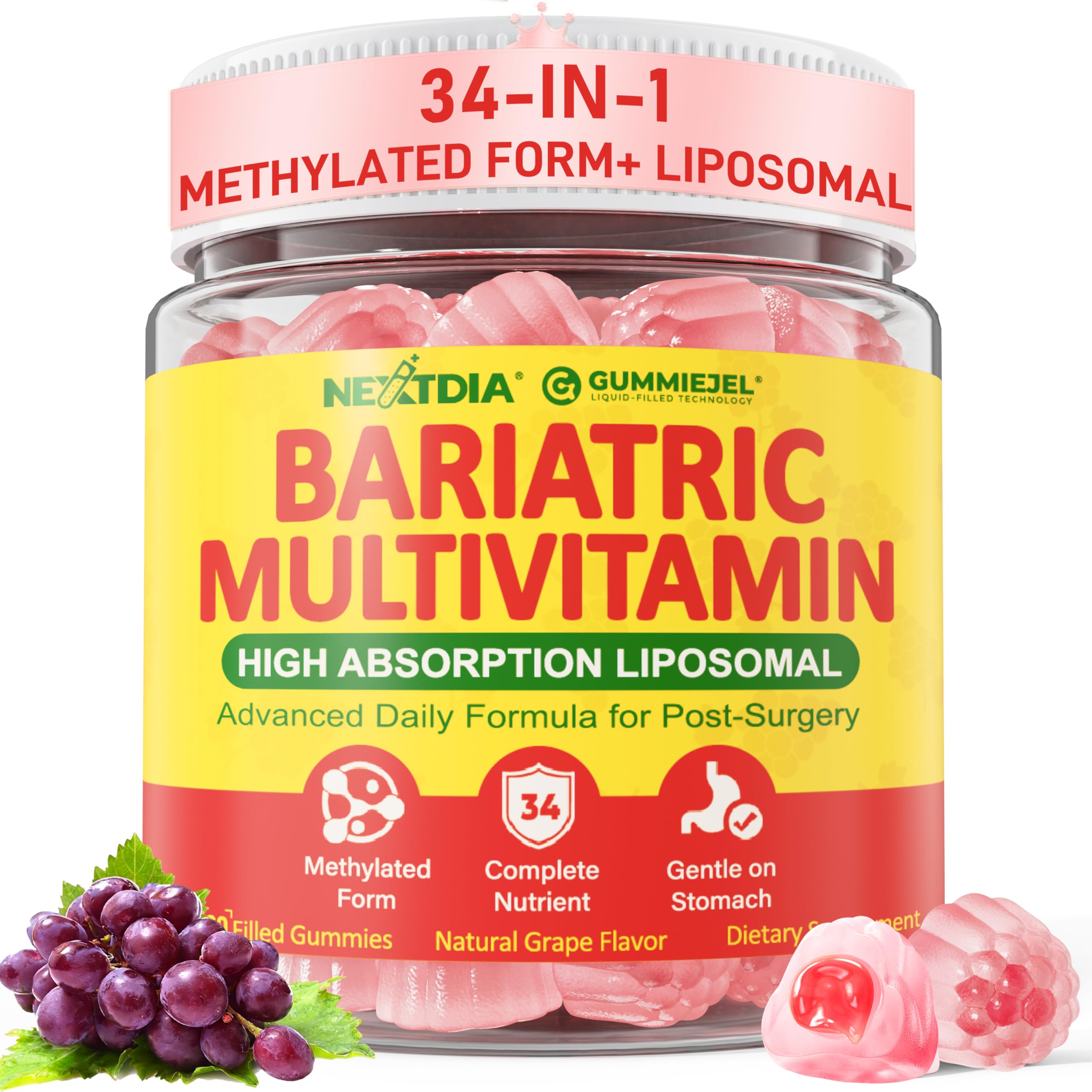 Liposomal Methylated Bariatric Multivitamin Gummies with Iron for Women & Men, High Absorption Multivitamin w/CoQ 10, Probiotic, Digestive Enzymes Support Gastric Bypass & Sleeve Recover, Energy,1Pack Nextdia uk supplements