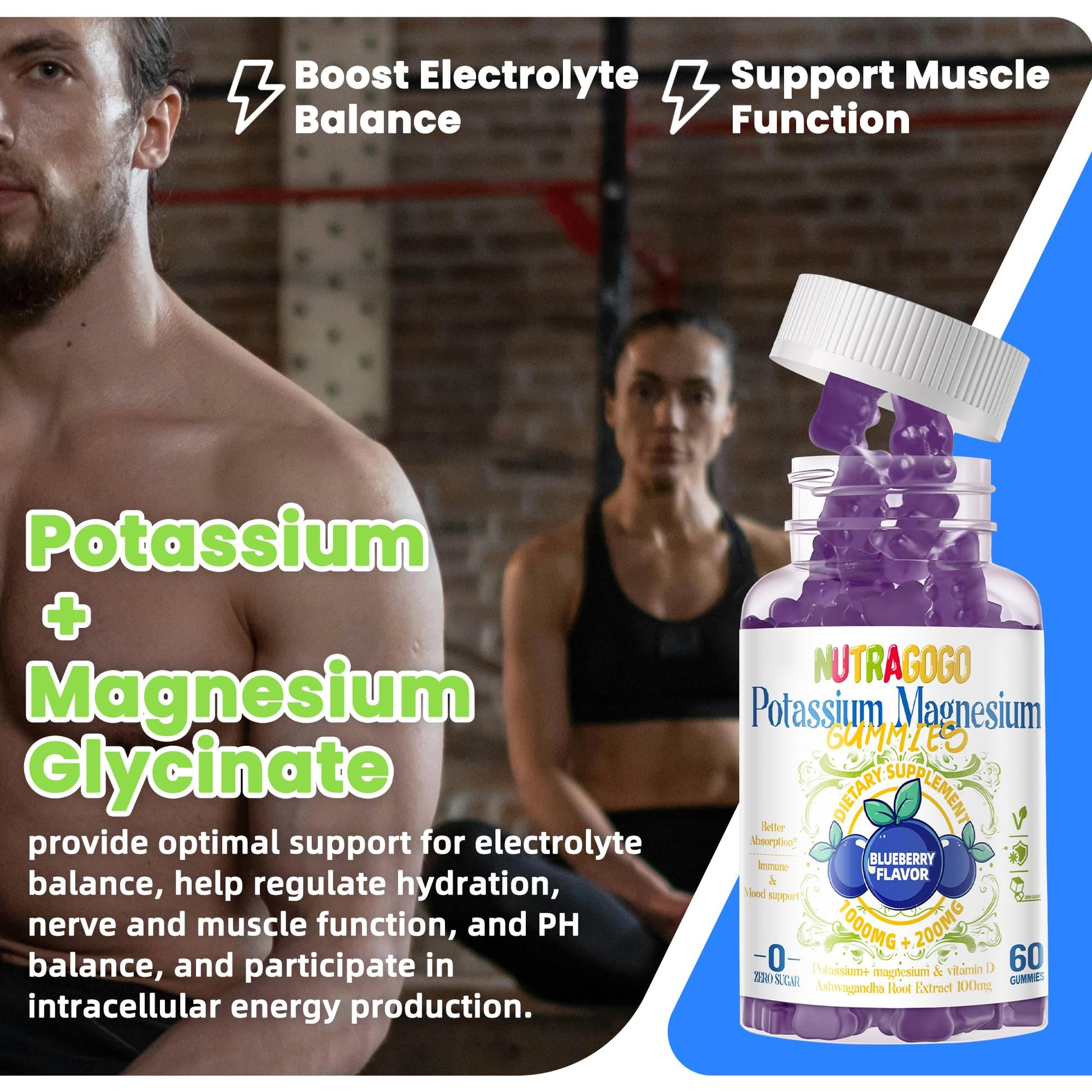 Potassium Magnesium Gummies,Potassium Supplement w/Ashwagandha,High Absorption Magnesium Glycinate,B6,D3,Potassium Citrate for Leg Cramps,Muscle,Electroyte for Adults Kids,Sugar-Free, 60 Gummies NUTRAGOGO uk supplements