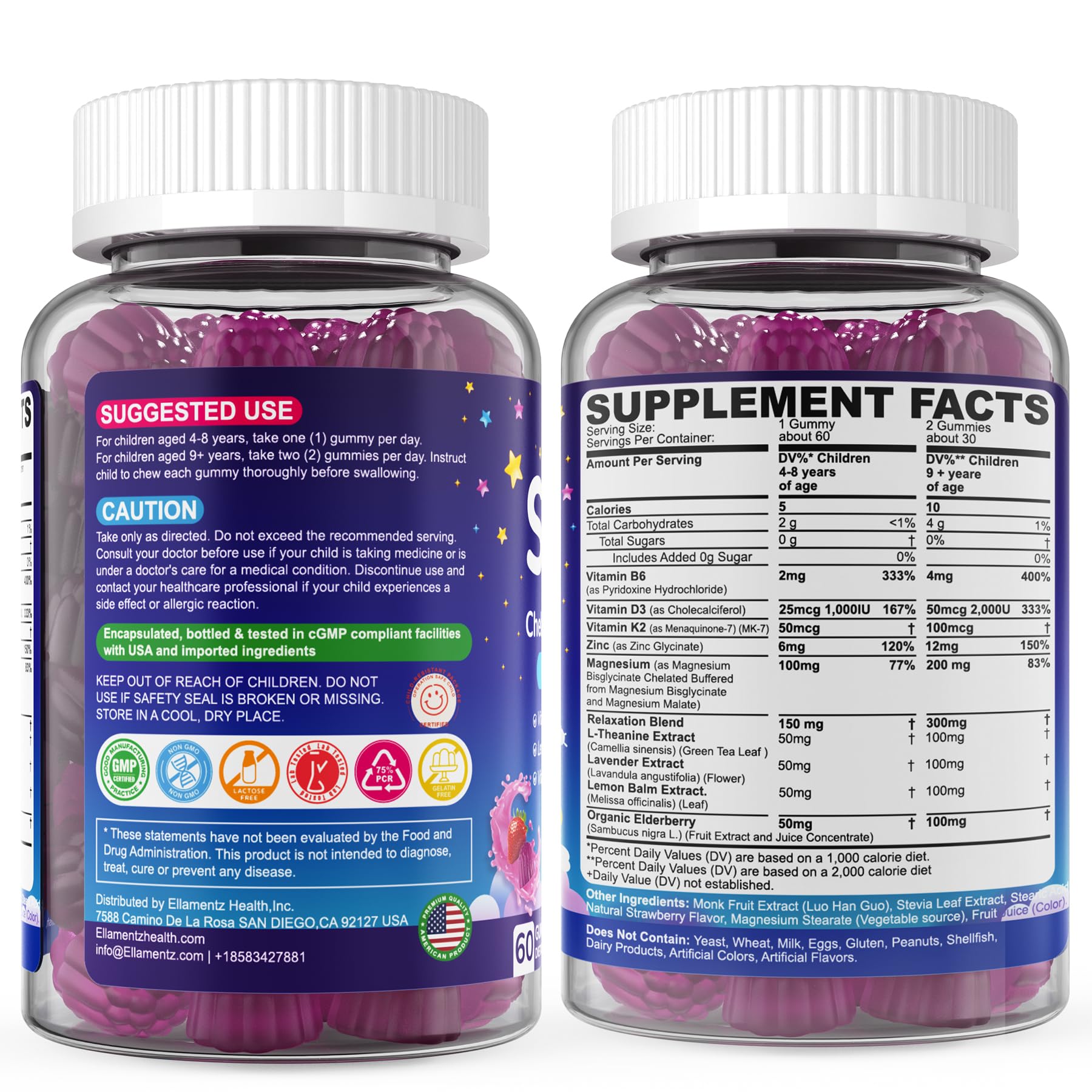 Kids Sleep Gummies, NO Melatonin Sleep Aid Gummies w/ Magnesium Glycinate, Magnesium Malate, L-Theanine, Lavender, B6, Zinc, D3K2 for Restful Sleep, Relax Brain & Muscle, Immune Support, Non-GMO 1Pack ELLAMENTZ uk supplements