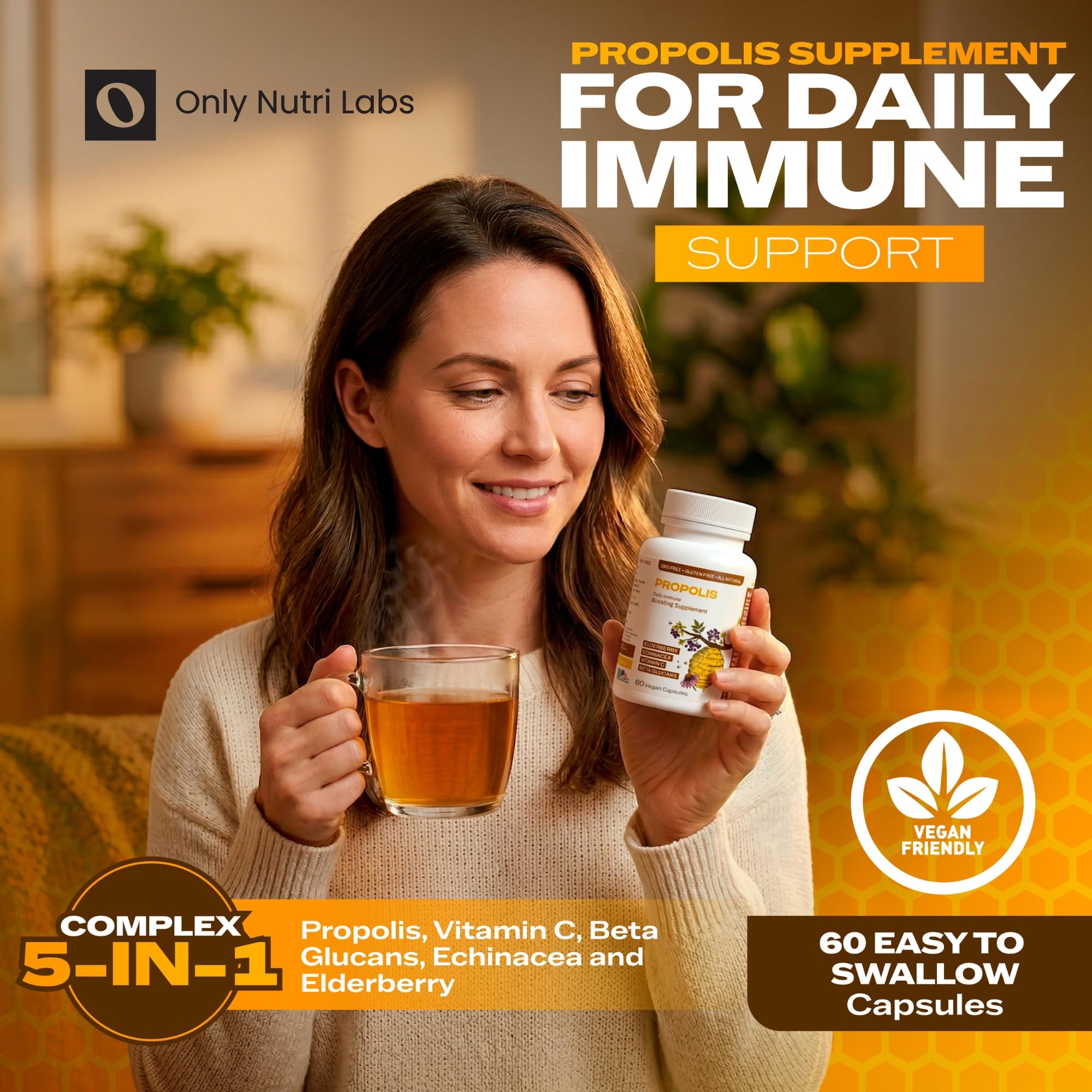Only Nutri Labs Bee Propolis Dietary Supplement, with Elderberry, Echinacea, Vitamin C and Beta Glucans - Daily Wellness Capsules for Adults (60 Count) Only Nutri Labs uk supplements