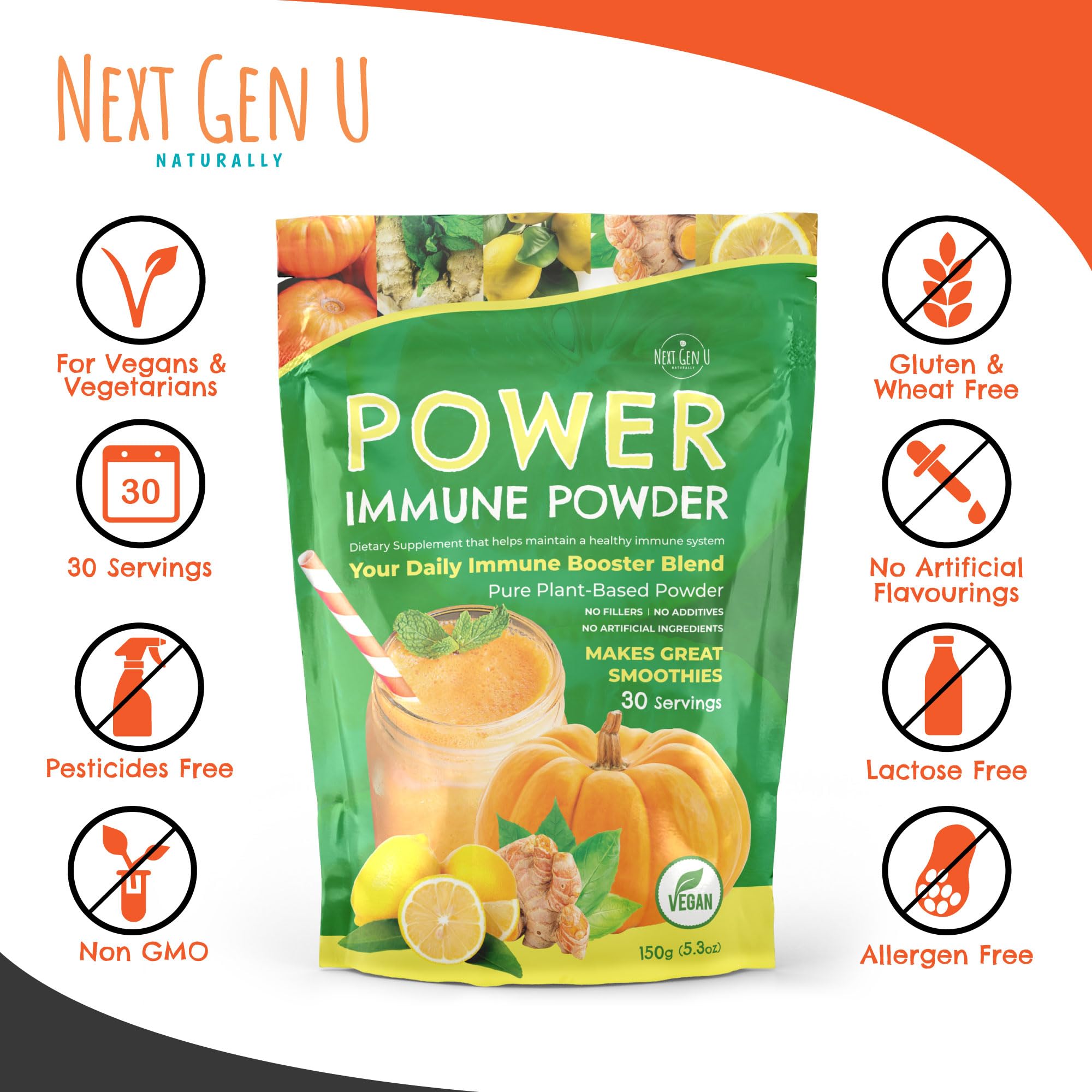 Immune Support - Supplement Powder 150g - Superfood Booster for Adults - Natural Immunity Defense - Daily Drink Mix for Women & Men - Plant Based, Vegan & Gluten Free Smoothie Boost by NextGenU NGU Next Gen U uk supplements