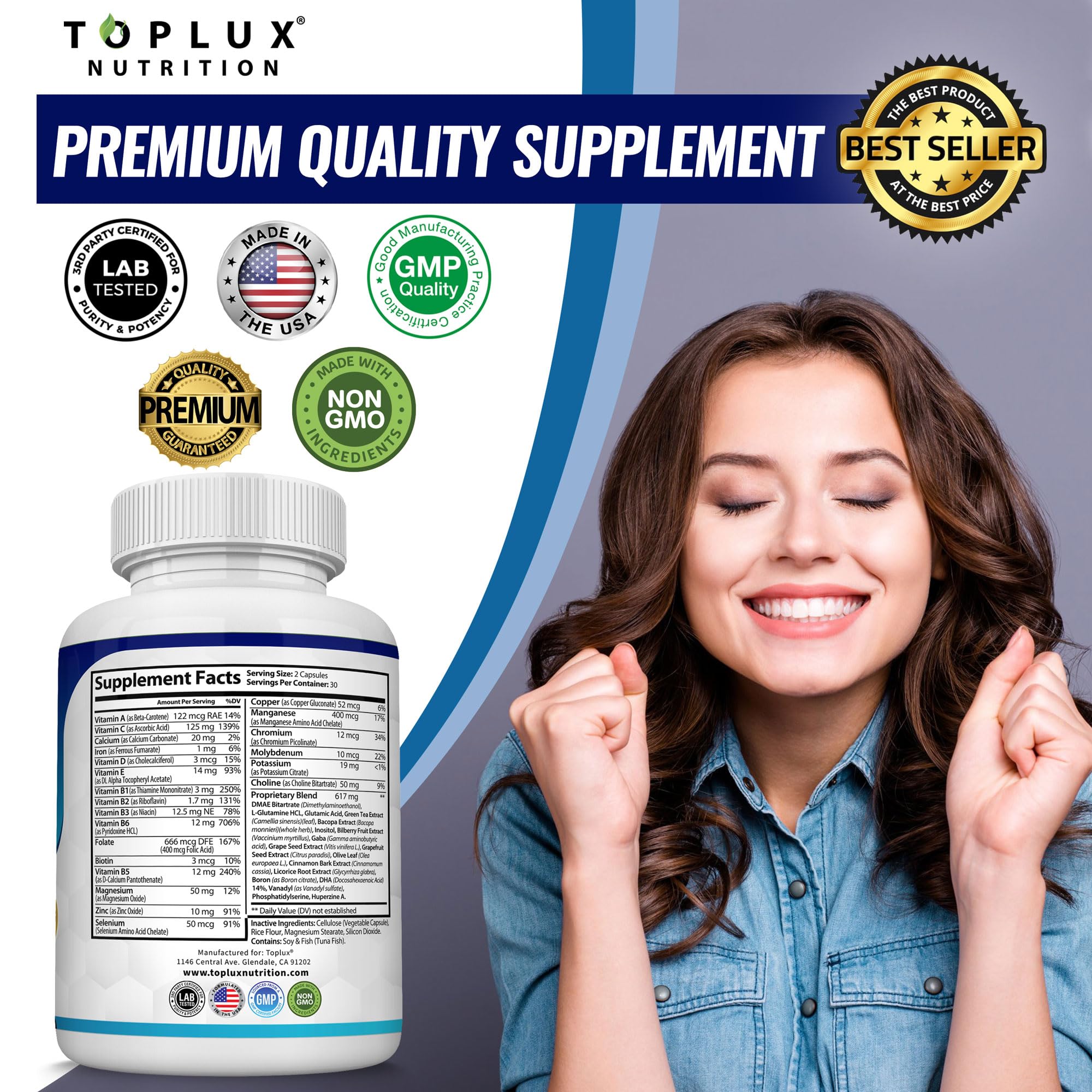 Toplux Brain Supplement Nootropic – Brain Pills Vitamin with DMAE, Bacopa Monnieri, L-Gutamine, for Men Women, 60 Capsules, Nutrition Toplux uk supplements