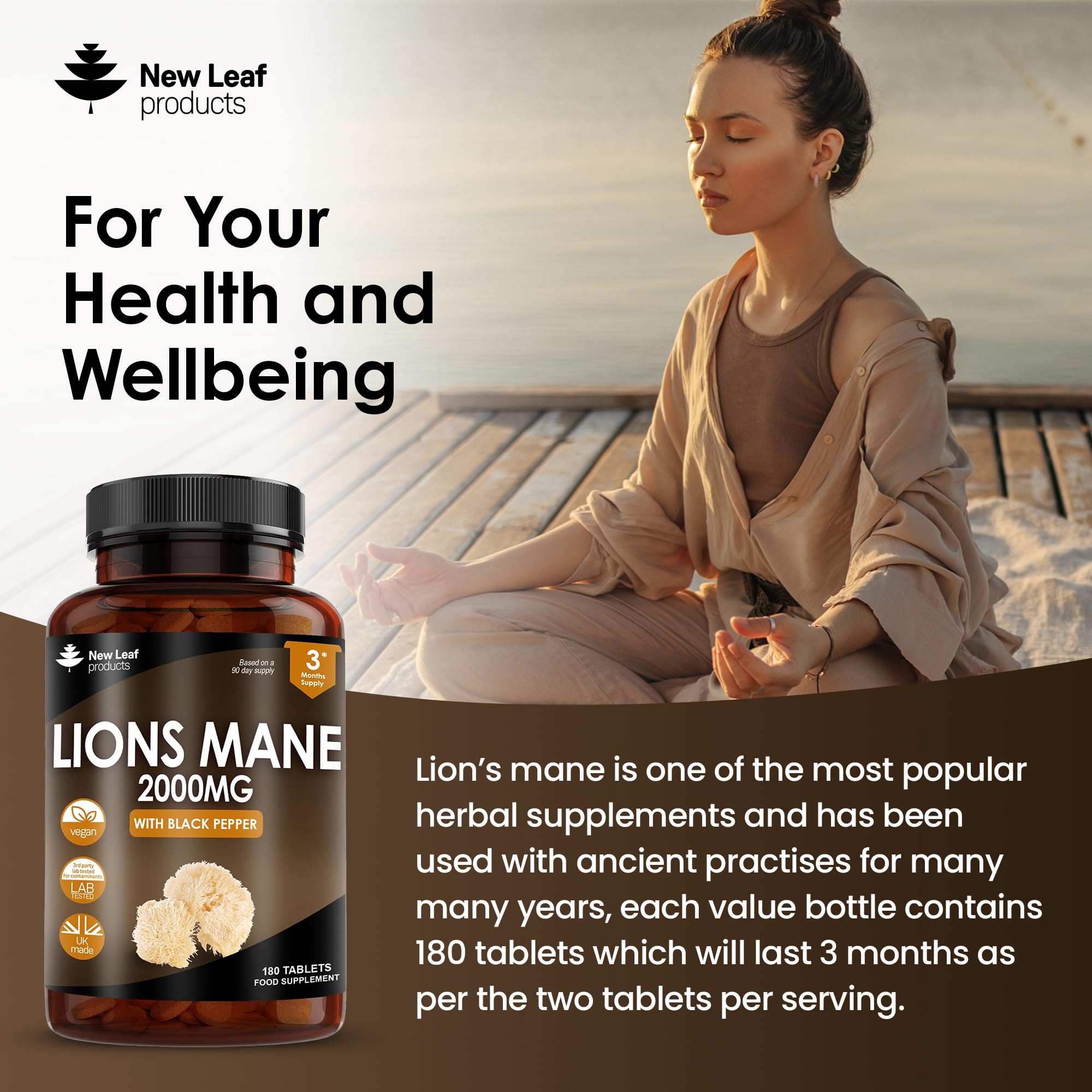 Lions Mane Mushroom Extract Supplement 2000mg - 180 High Strength Vegan Tablets NEW LEAF PRODUCTS uk supplements