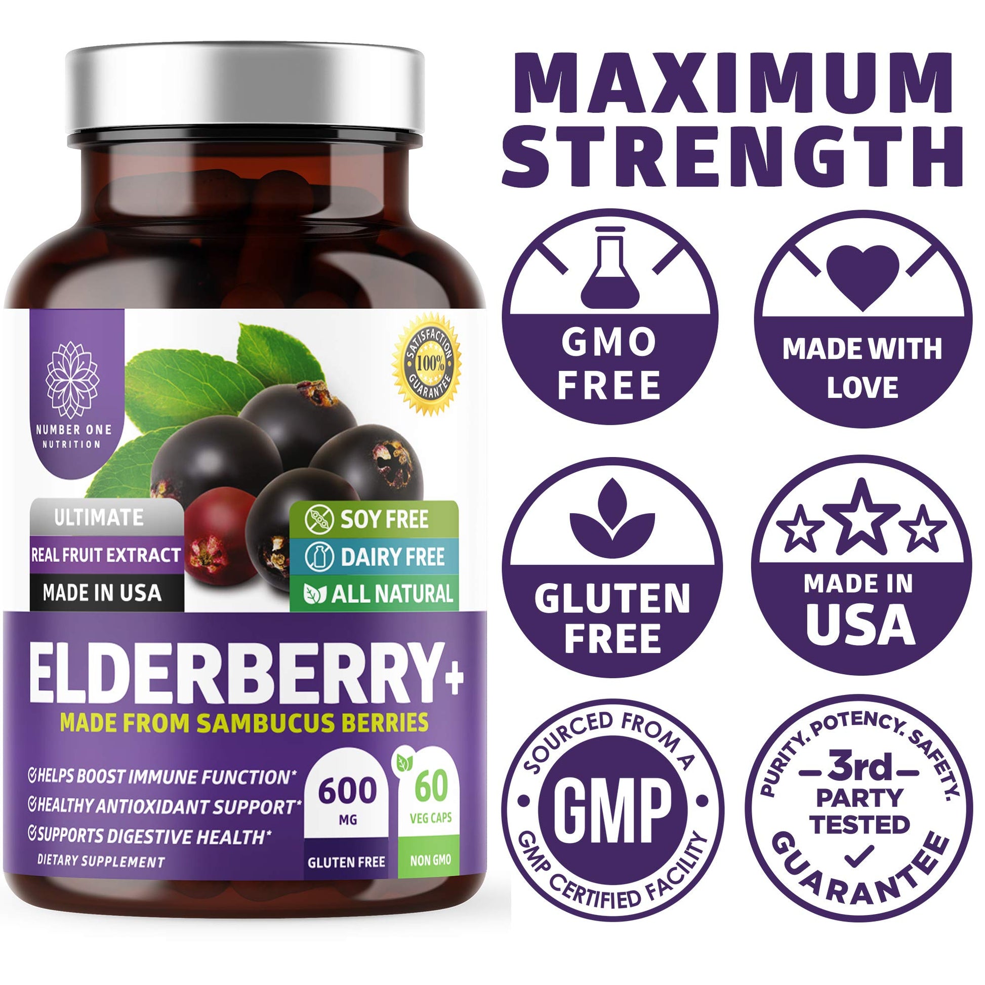 N1N Premium Black Elderberry Capsules for Adults [Max Strength] Pure and Potent Elderberry from Sambucus Nigra to Support Immunity & Skin Health, Non-GMO, Gluten Free, 60 Veg Caps Number One Nutrition uk supplements