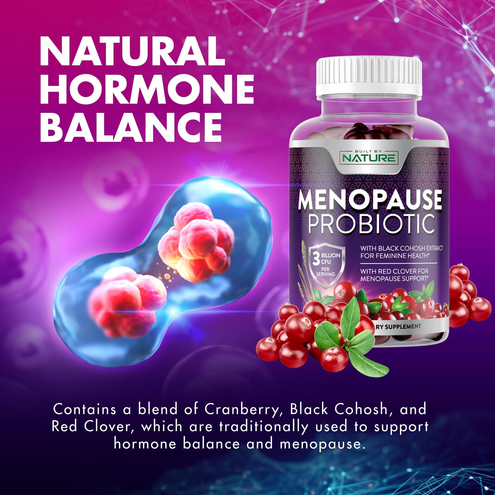 Menopause Supplements for Women - Menopause Probiotic Gummy - Women’s Menopause Relief for Hot Flashes, Night Sweats & Mood Swings with Black Cohosh & Cranberry - Non-GMO, Vegan - 60 Gummies Built by Nature uk supplements