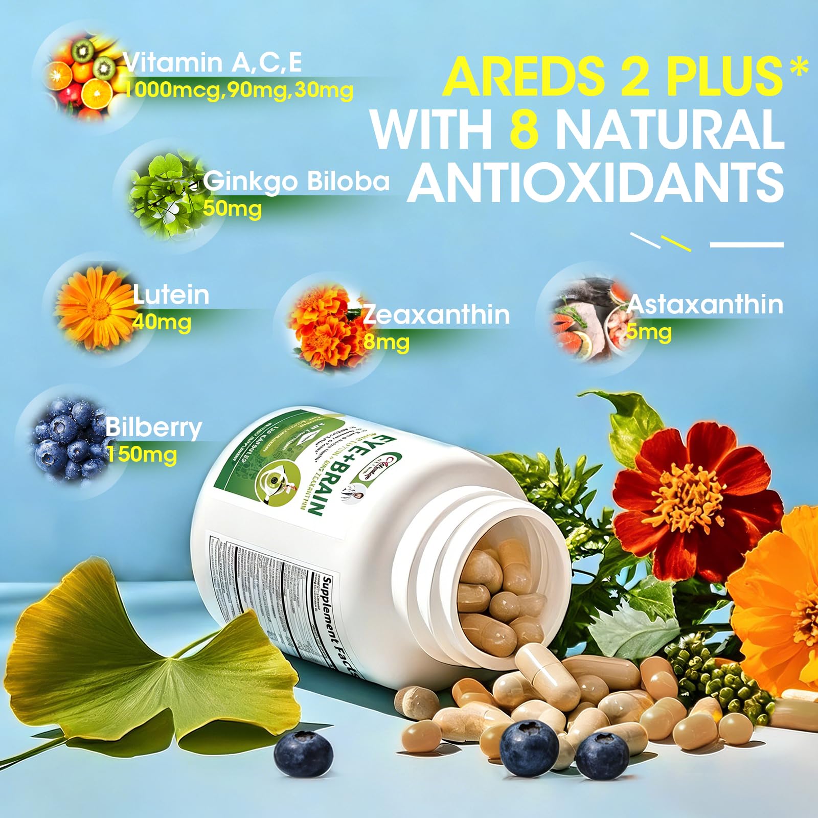 Eye + Brain Supplements for Memory and Focus, Lutein 40mg, Zeaxanthin, Astaxanthin, Bilberry, Lion’s Mane, Bacopa Monnieri, Ginkgo Biloba, 14 in 1 Eye Vitamins for Adults & Seniors 120 Capsules Alliwise uk supplements