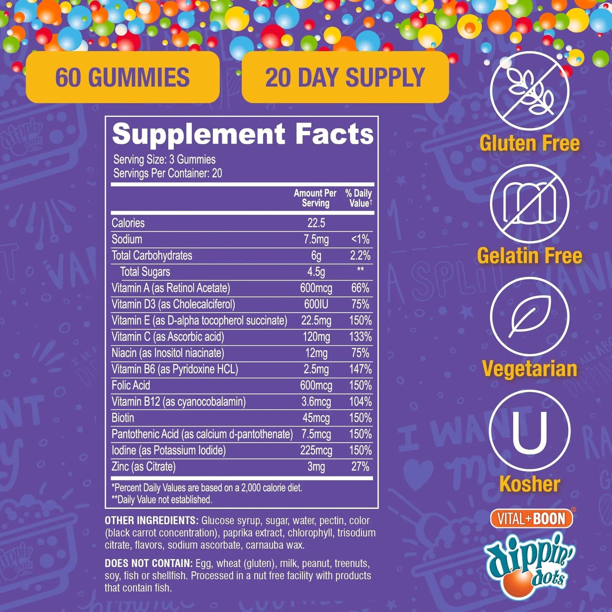 Vital+Boon Dippin' Dots - Multivitamin Gummies for Adults - Gummy Vitamins with Vitamin A, B6, C, D3, E & Folic Acid - Vegetarian Vital+Boon uk supplements