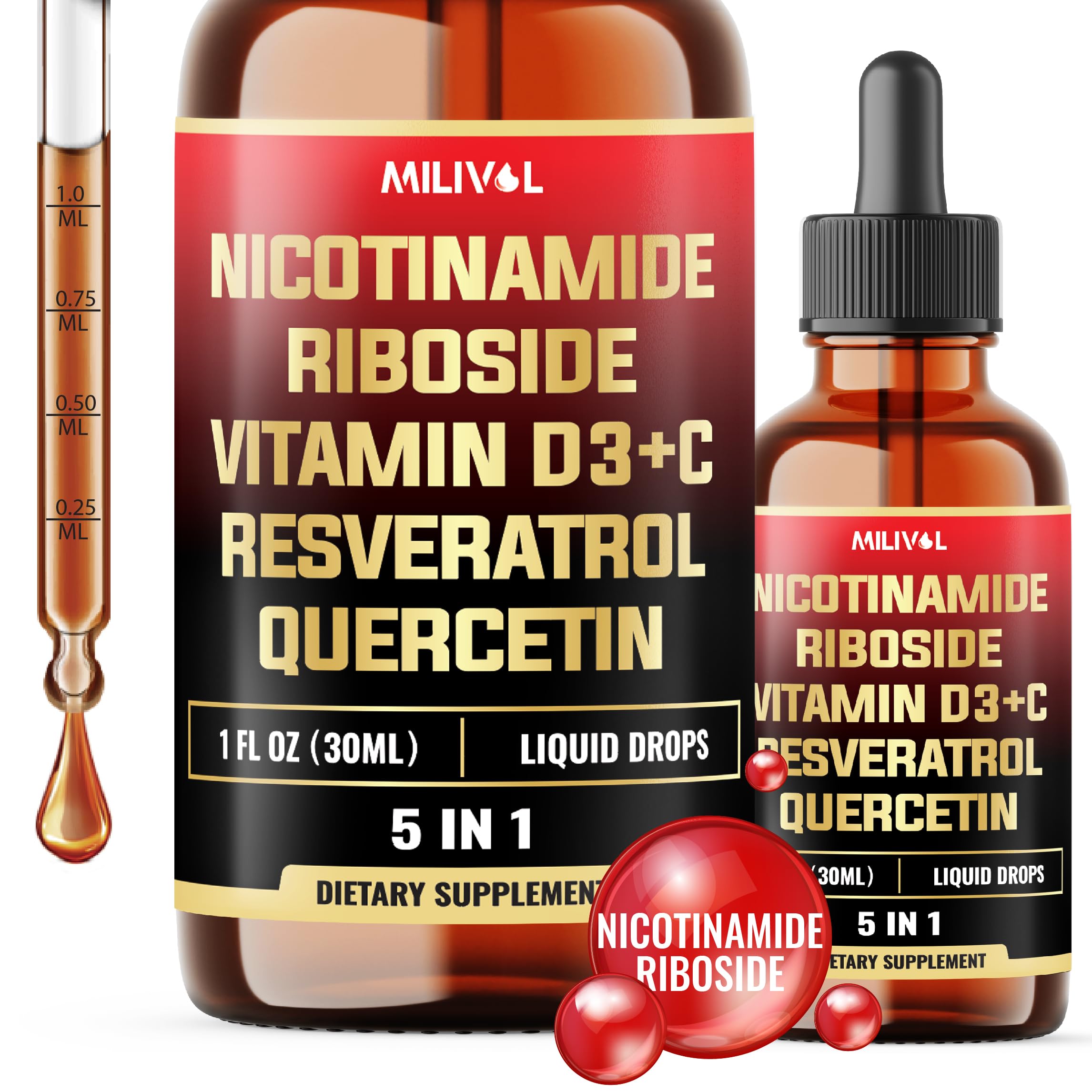 MILIVOL 5in1 NAD+ Liquid Drops w/Nicotinamide Riboside NR 900mg, Quercetin 500mg, Trans-resveratrol 500mg, Vitamin D3-C - Cellular Energy & Repair, Vitality, Healthy Aging - 1FL Oz - 1 Month Supply MILIVOL uk supplements