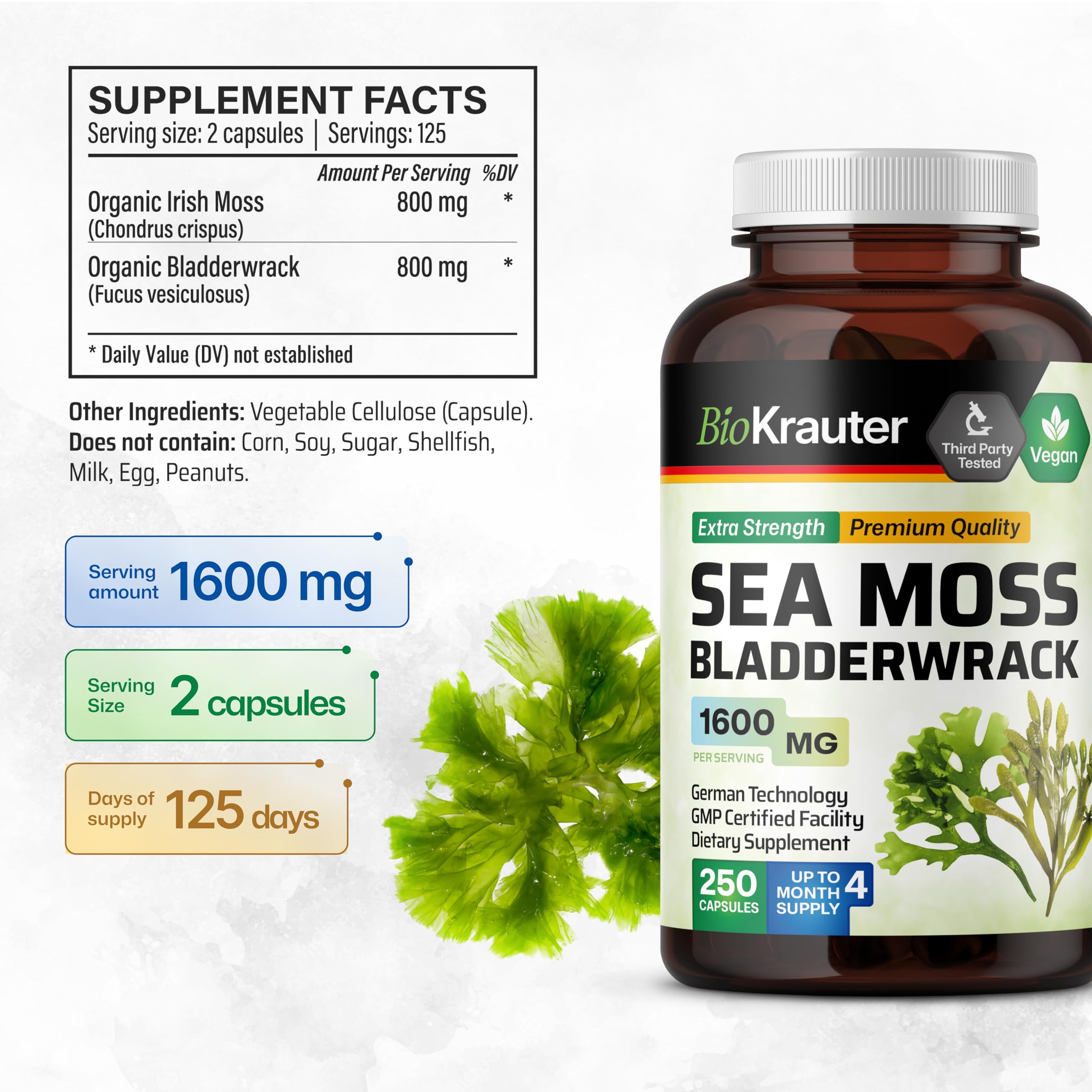 BIO KRAUTER® 2-in-1 Sea Moss for Thyroid Support - Vegan Bladderwrack & Sea Moss Capsules for Women & Men - Natural Сhondrus Сrispus Seaweed Supplement 1600 mg - 125 Days of Supply, Non-GMO BIO KRAUTER uk supplements