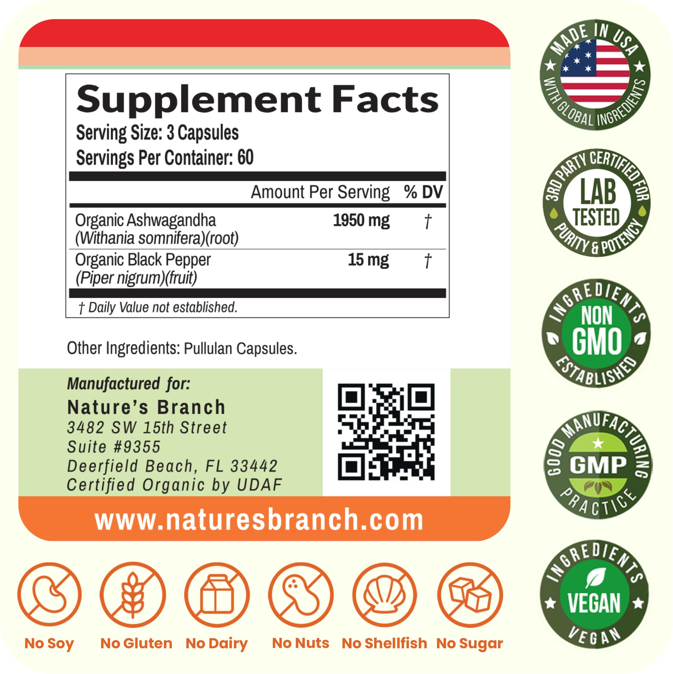 UDAF Certified Organic Ashwagandha with Black Pepper, 1965mg - Extra Strength for Stress, Sleep, Mood, Thyroid, Energy, Hair, Vegan Pure Root Extract Powder Supplement for Men and Women | 180 Capsules NATURE'S BRANCH uk supplements