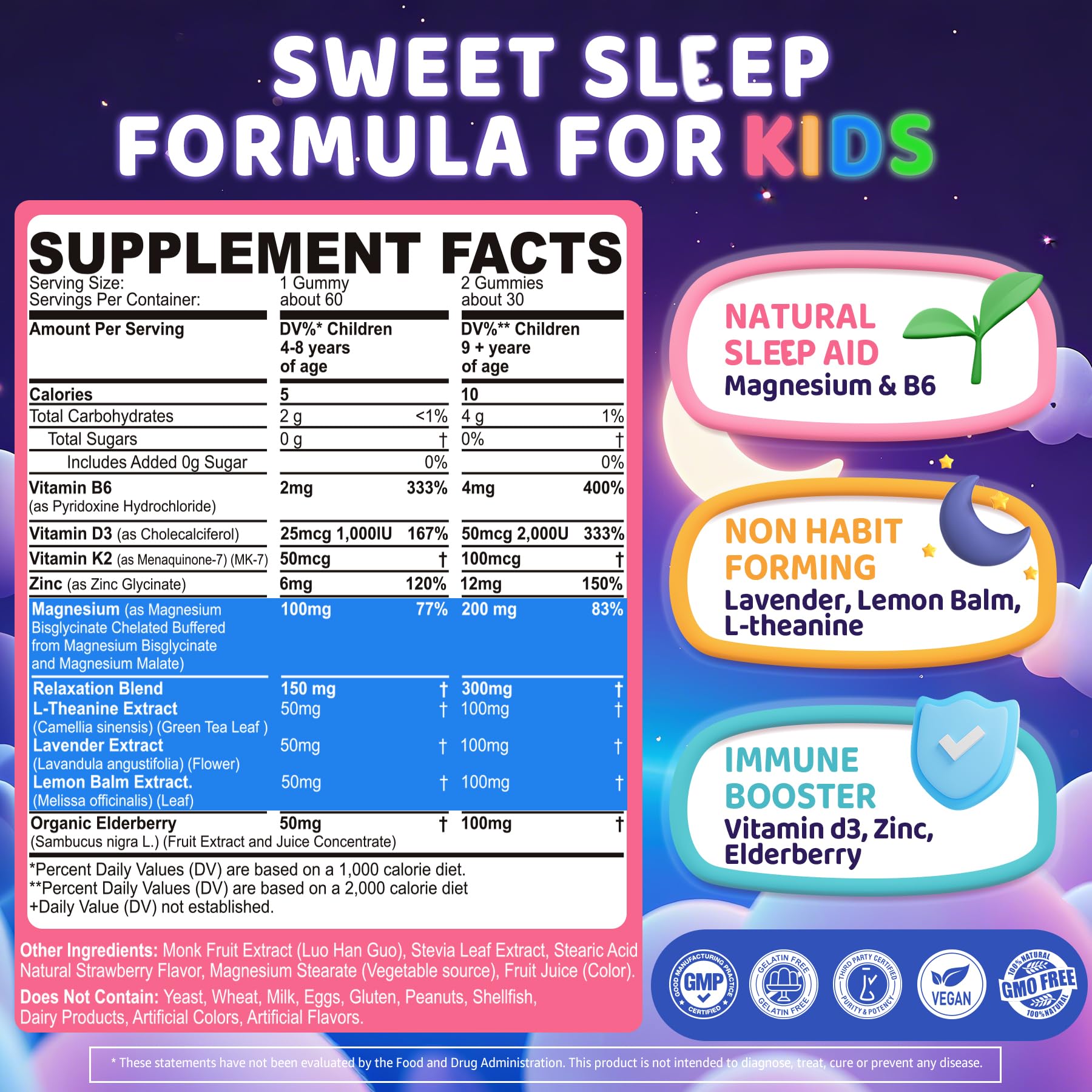 Kids Sleep Gummies, NO Melatonin Sleep Aid Gummies w/ Magnesium Glycinate, Magnesium Malate, L-Theanine, Lavender, B6, Zinc, D3K2 for Restful Sleep, Relax Brain & Muscle, Immune Support, Non-GMO 1Pack ELLAMENTZ uk supplements