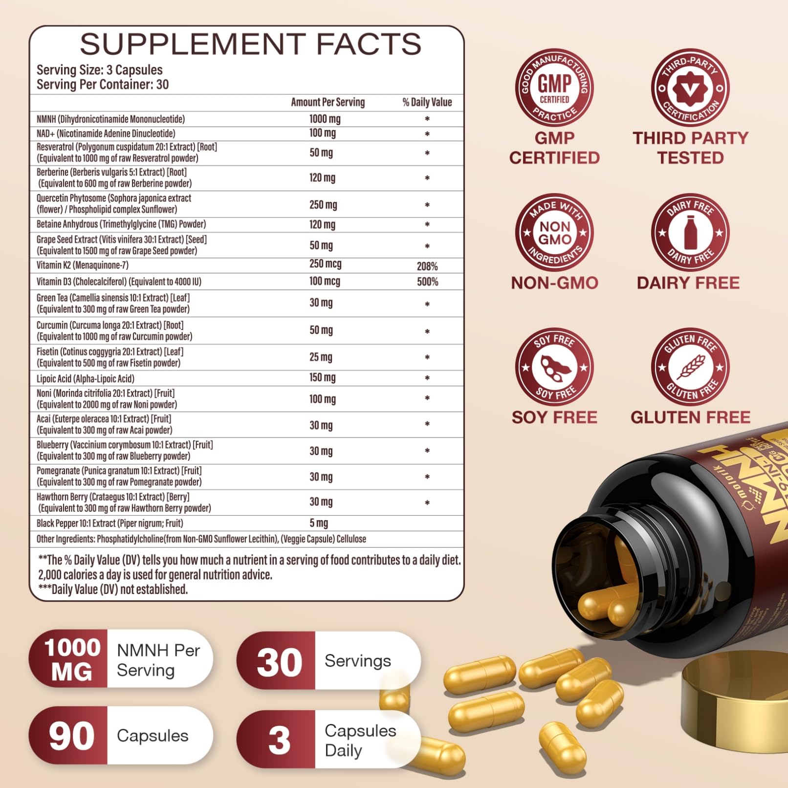 19 in 1 NMNH (Dihydronicotinamide Mononucleotide) 1000mg Per Serving, Nad Supplement Boost NAD+ Levels Nad Resveratrol Supplement with Quercetin, Vitamin D3 K2, Healthy Aging, Energy, 90 Capsules molorik pure uk supplements
