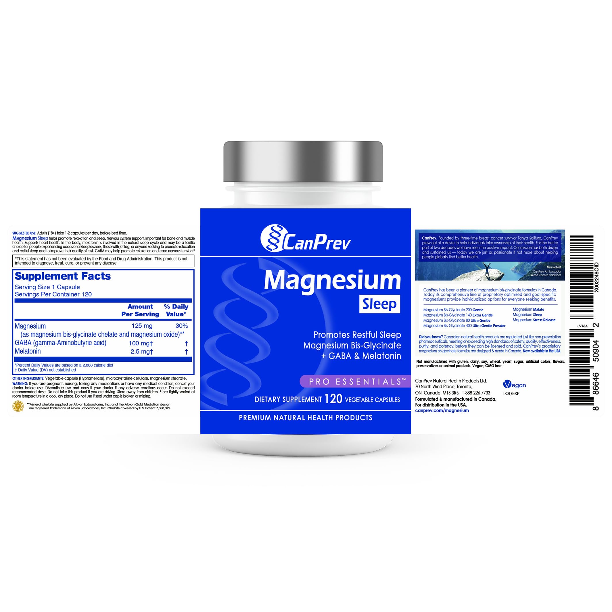 CanPrev Magnesium Bisglycinate Chelated + GABA & Melatonin, 120 Veg Caps, 120-Day Supply, Support Restful Night, Muscle Function, Promote Relaxation & Balanced Sleep-Wake Cycle, Vegan, No GMO & Gluten CanPrev uk supplements