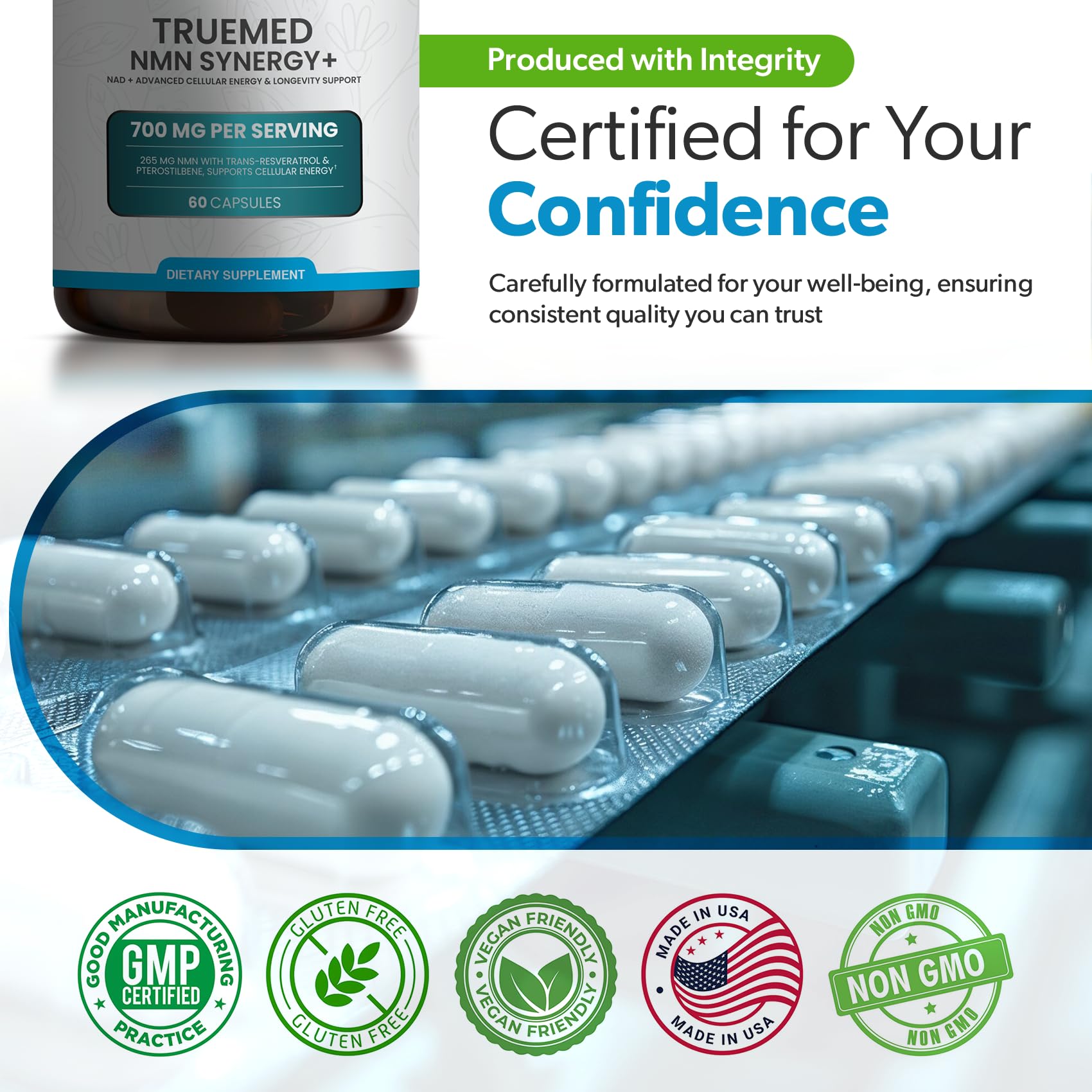 TRUEMED NMN Synergy+ 700mg – Premium NMN Supplement with Resveratrol & Pterostilbene | Advanced NAD+ Supplement for Cellular Energy, & Wellness Support | Non-GMO, Vegan, 60 Capsules TRUEMED uk supplements